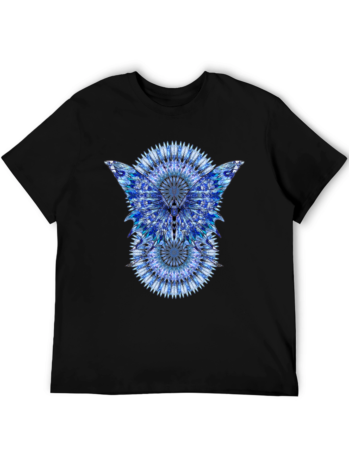 Blue Mandala Butterfly Graphic Print Black T-Shirt