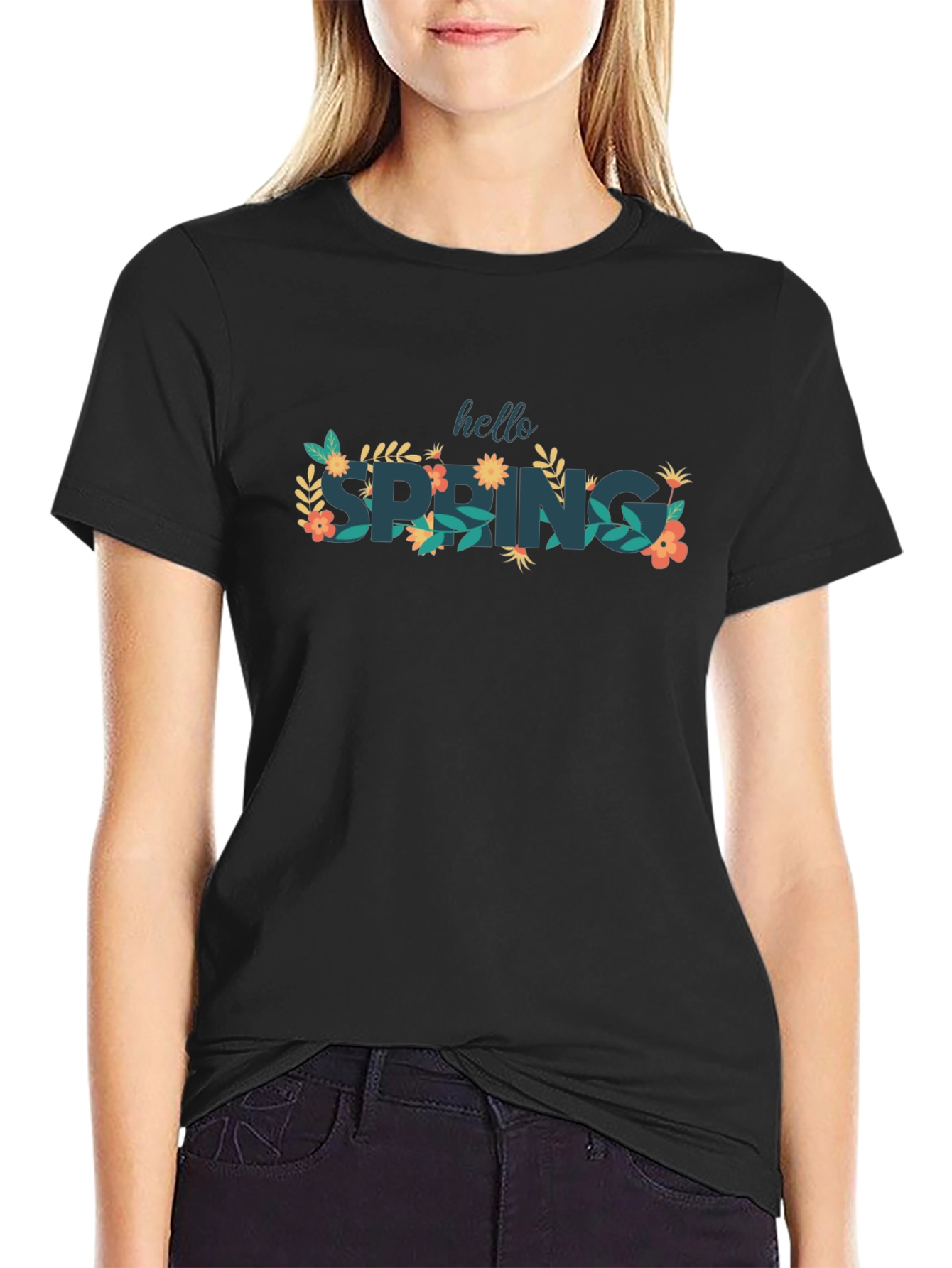 Hello Spring Black Graphic T-Shirt