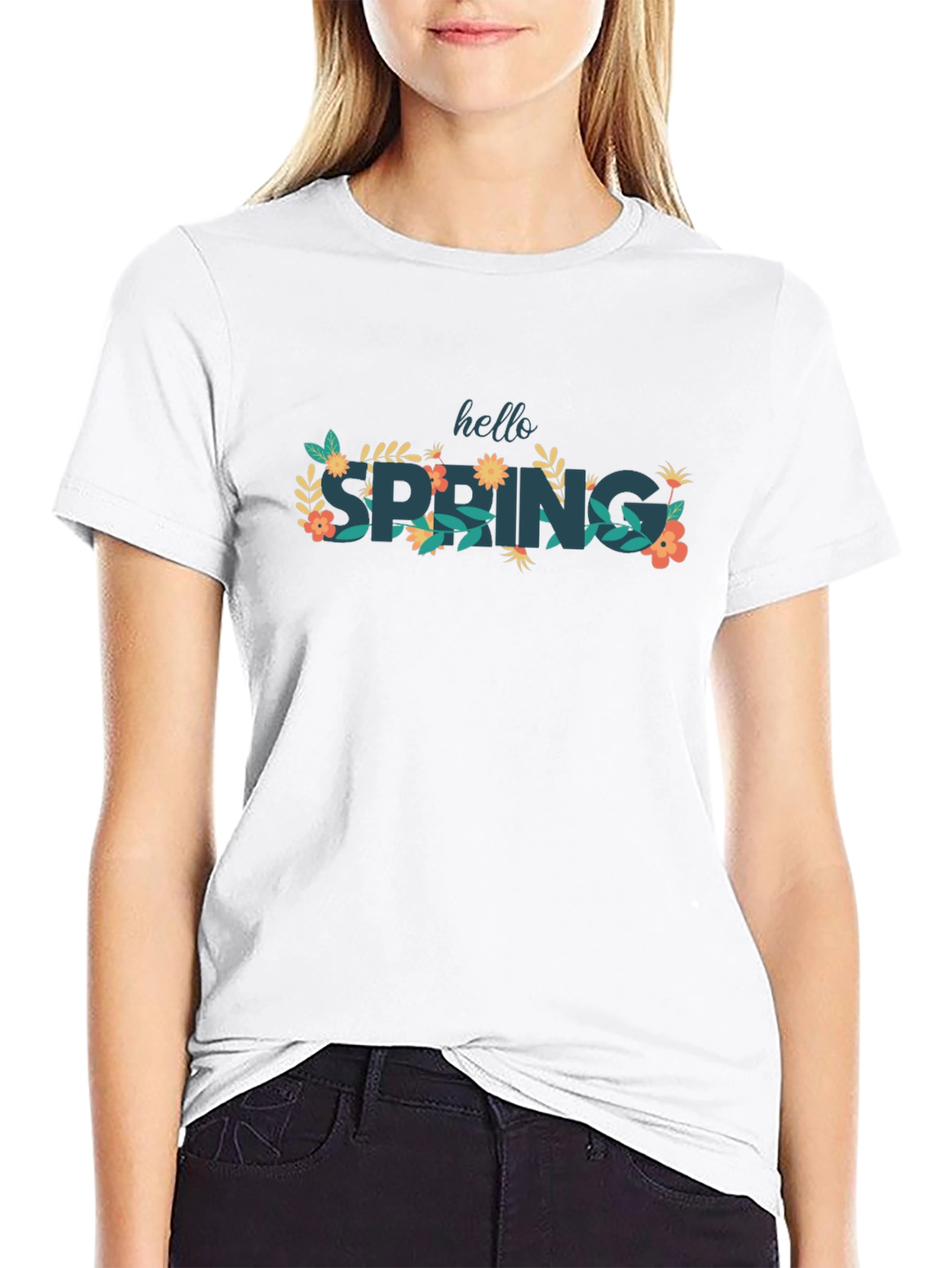 Hello Spring Black Graphic T-Shirt