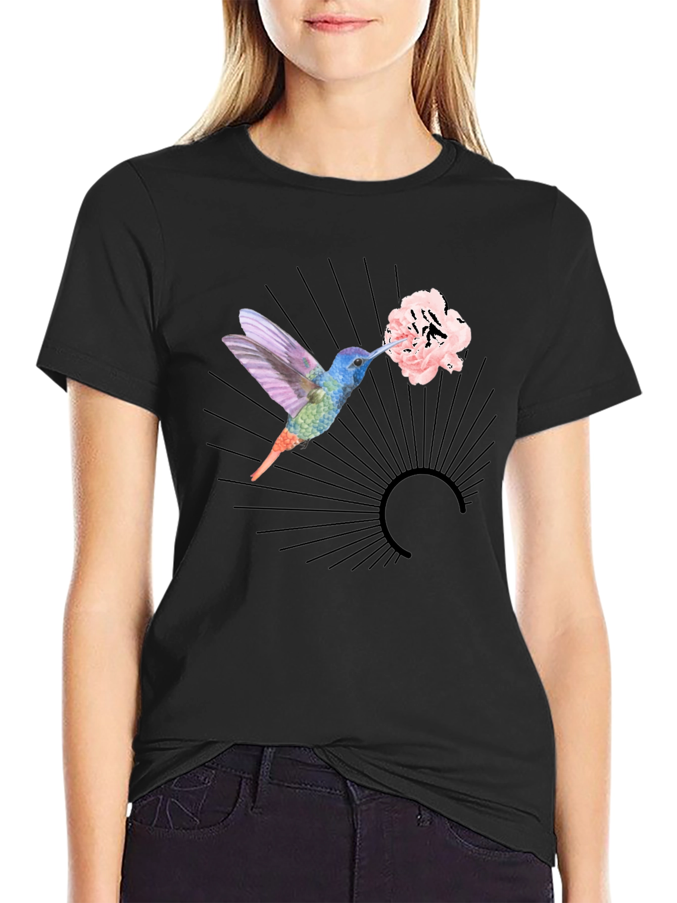 Hummingbird Floral Graphic Black Tee