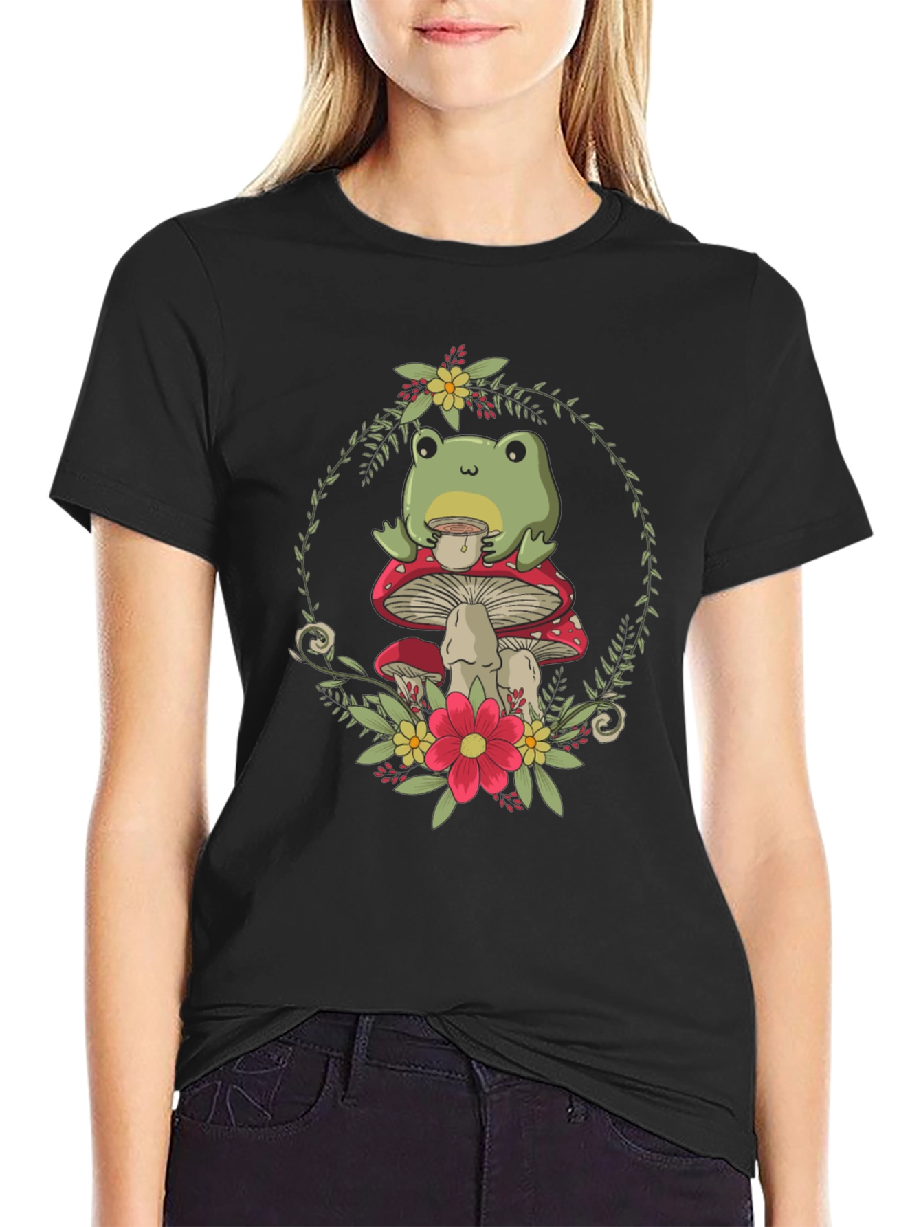 Frog on Mushroom T-Shirt - Whimsical Nature Tee
