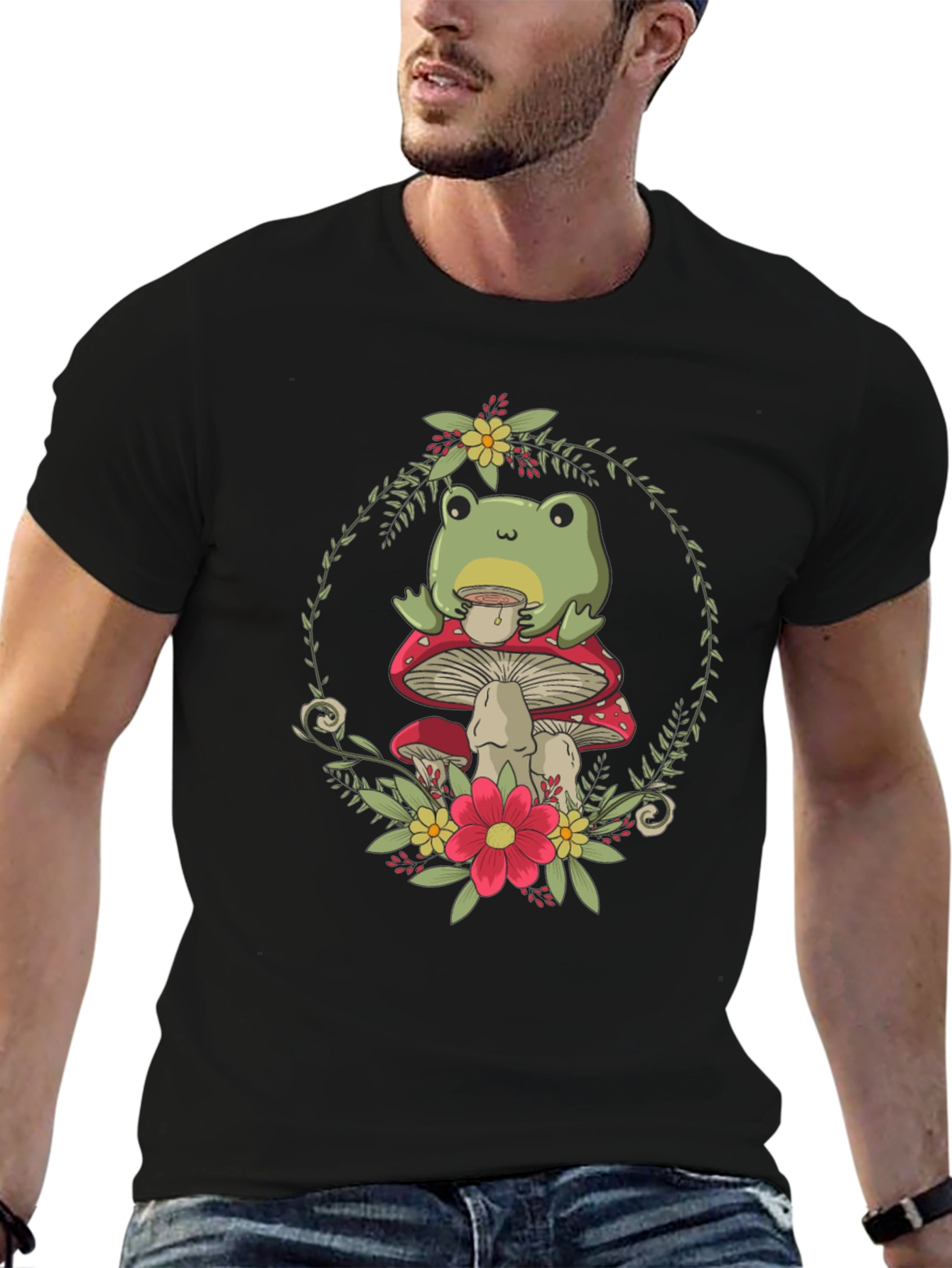 Frog on Mushroom T-Shirt - Whimsical Nature Tee