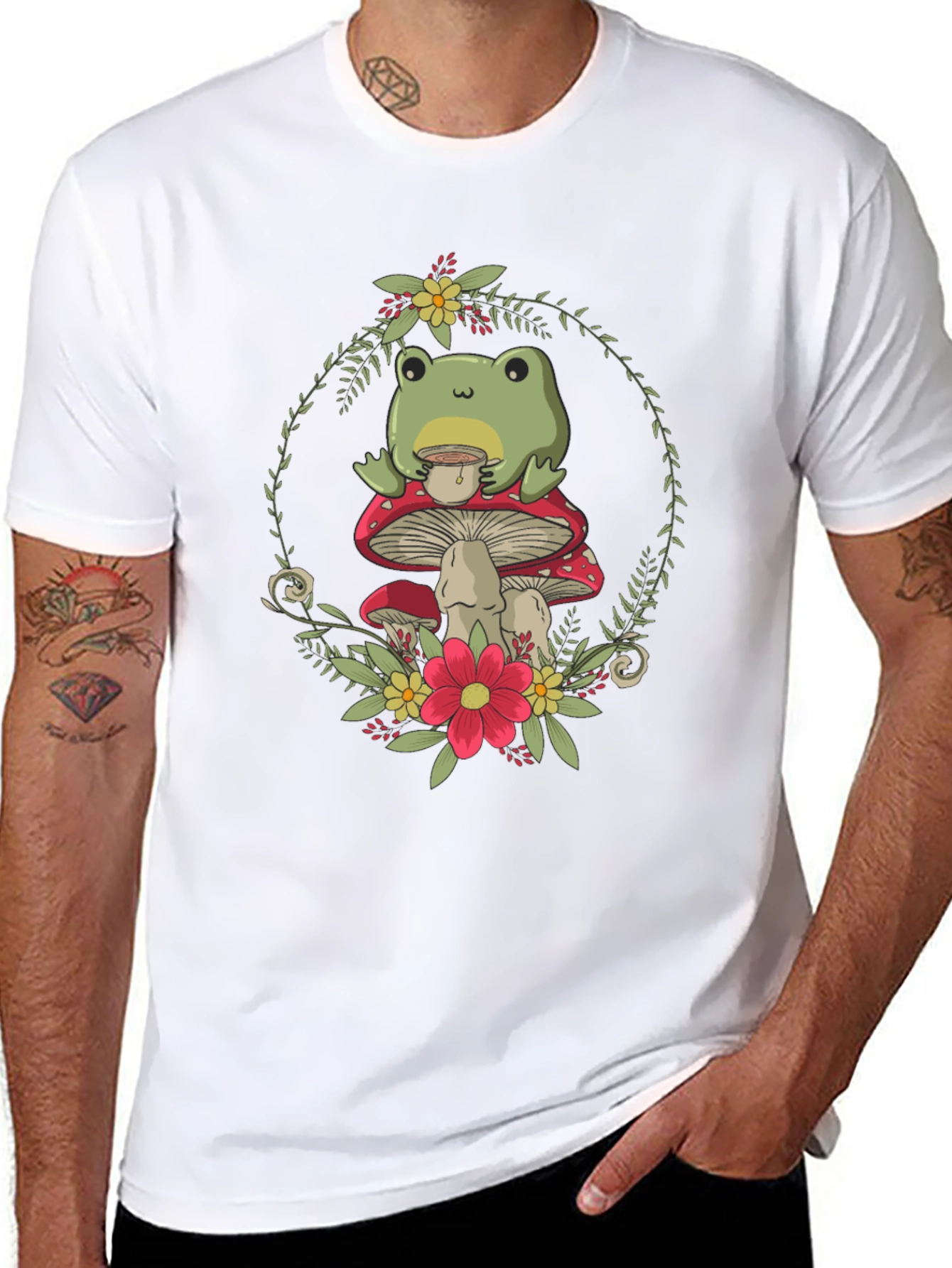 Frog on Mushroom T-Shirt - Whimsical Nature Tee