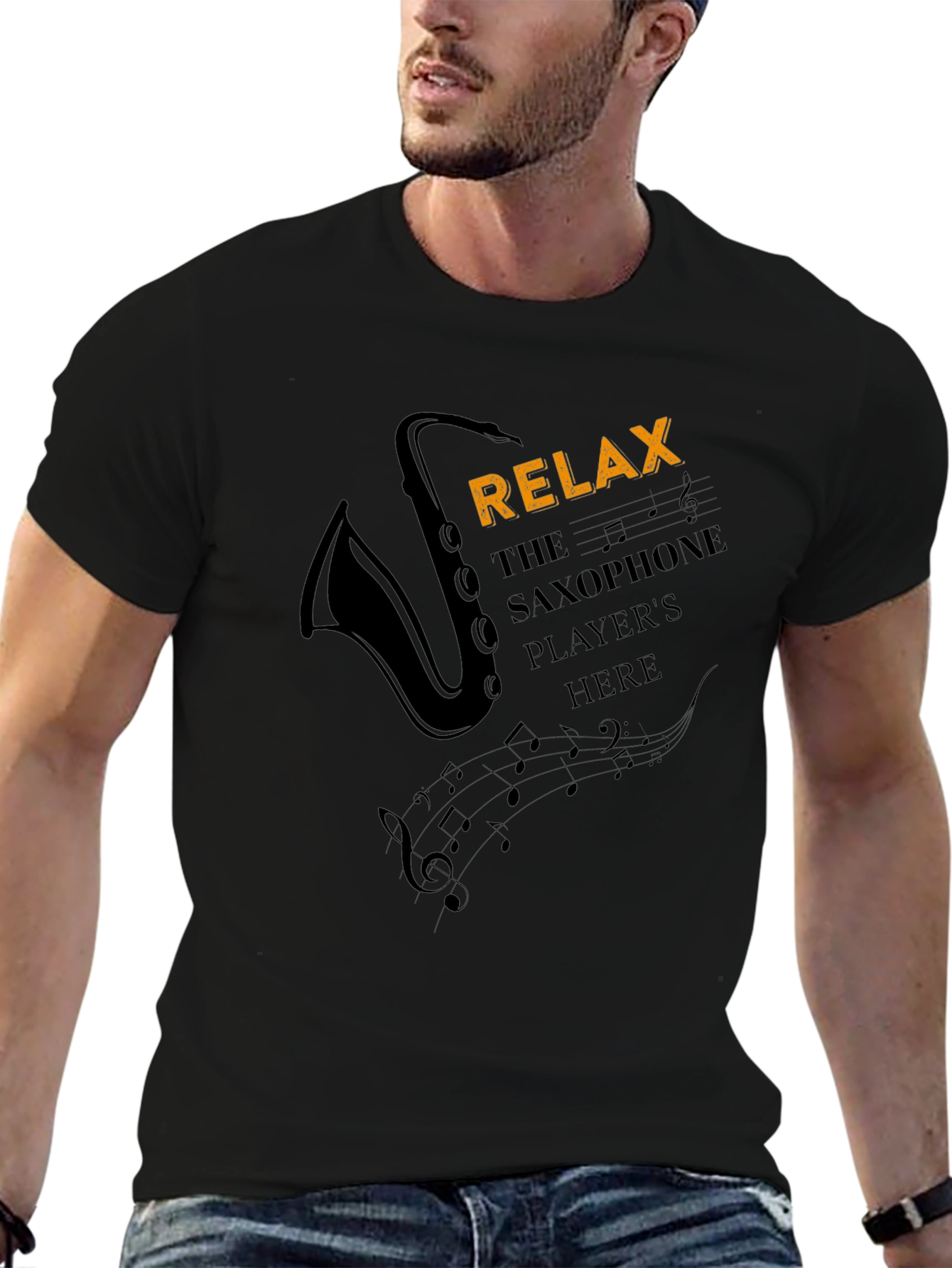 Relax Saxophone Player Mens Black Graphic T-Shirt