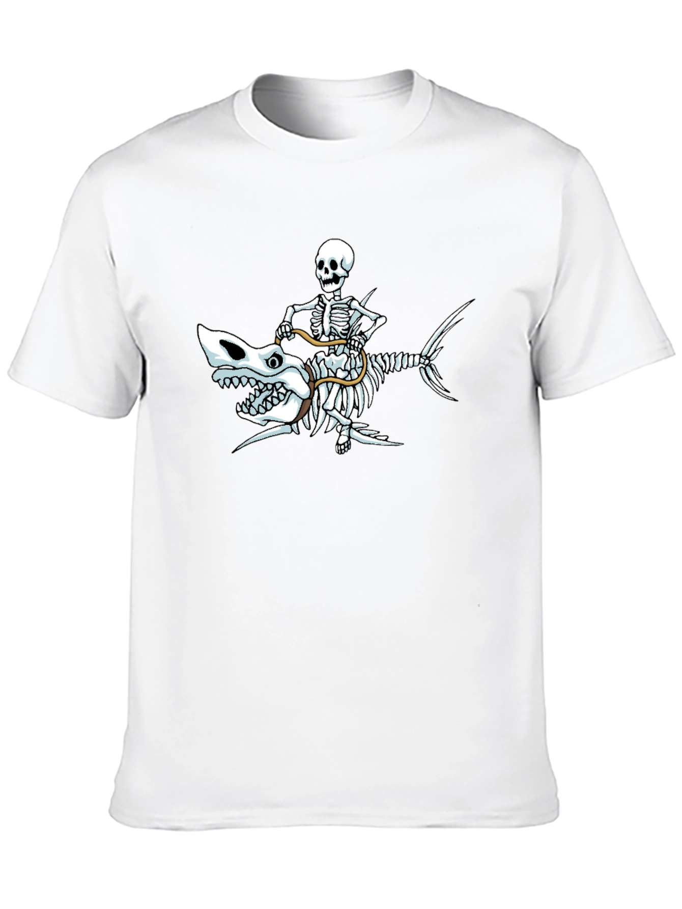 Skeleton Riding Shark Graphic Tee - Black Cotton