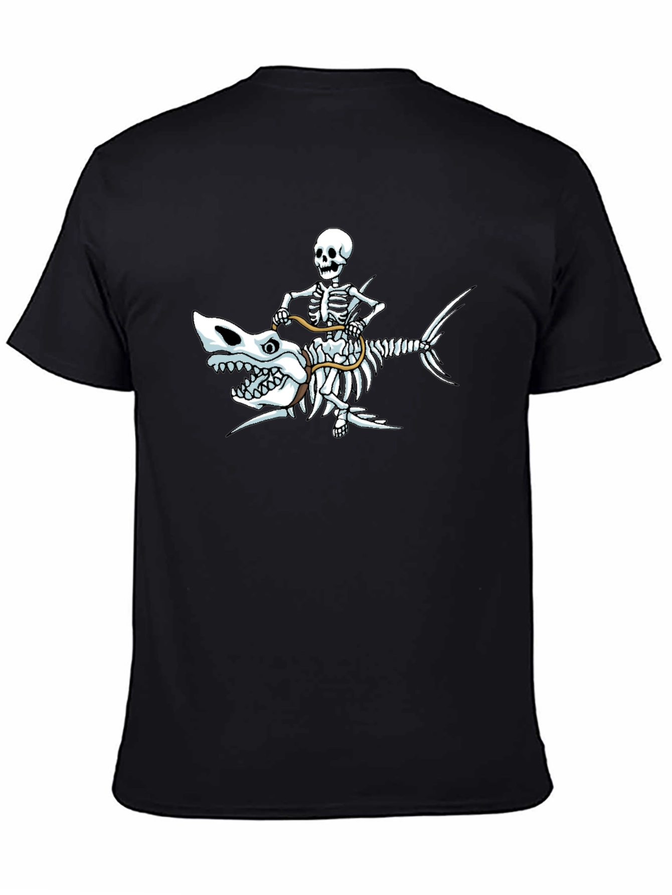 Skeleton Riding Shark Graphic Tee - Black Cotton