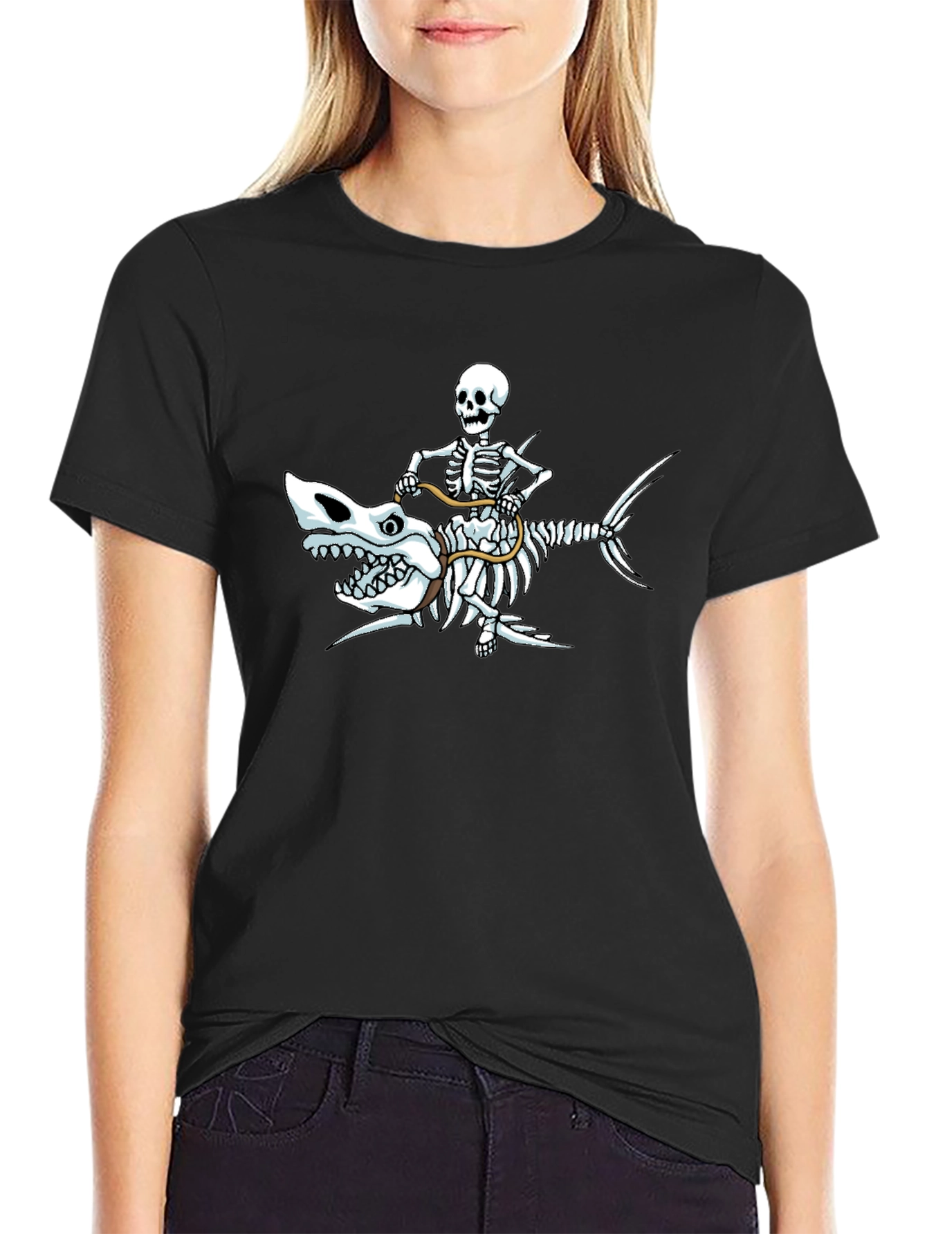 Skeleton Riding Shark Graphic Tee - Black Cotton