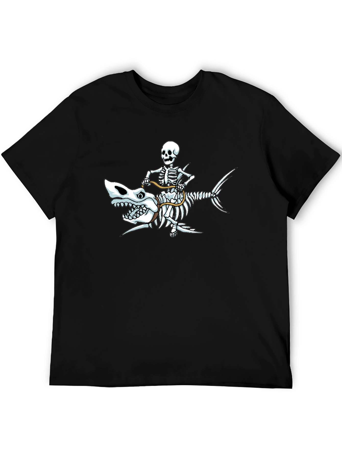 Skeleton Riding Shark Graphic Tee - Black Cotton