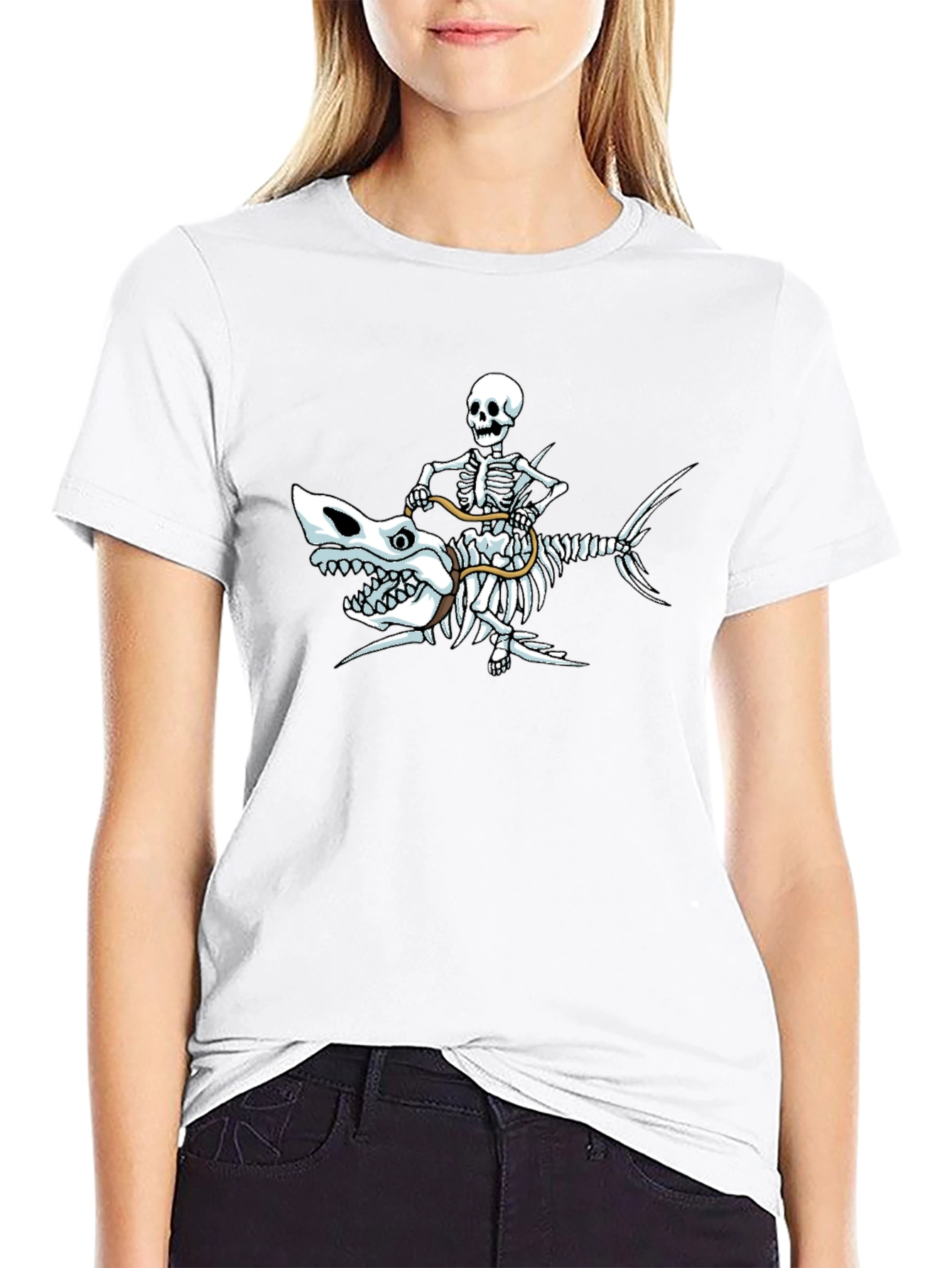 Skeleton Riding Shark Graphic Tee - Black Cotton