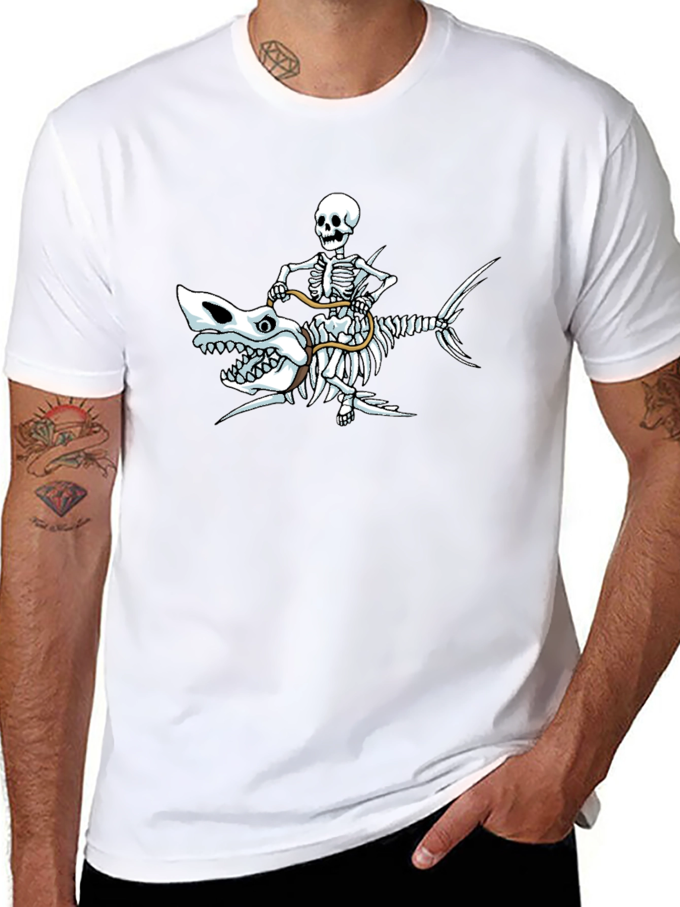 Skeleton Riding Shark Graphic Tee - Black Cotton