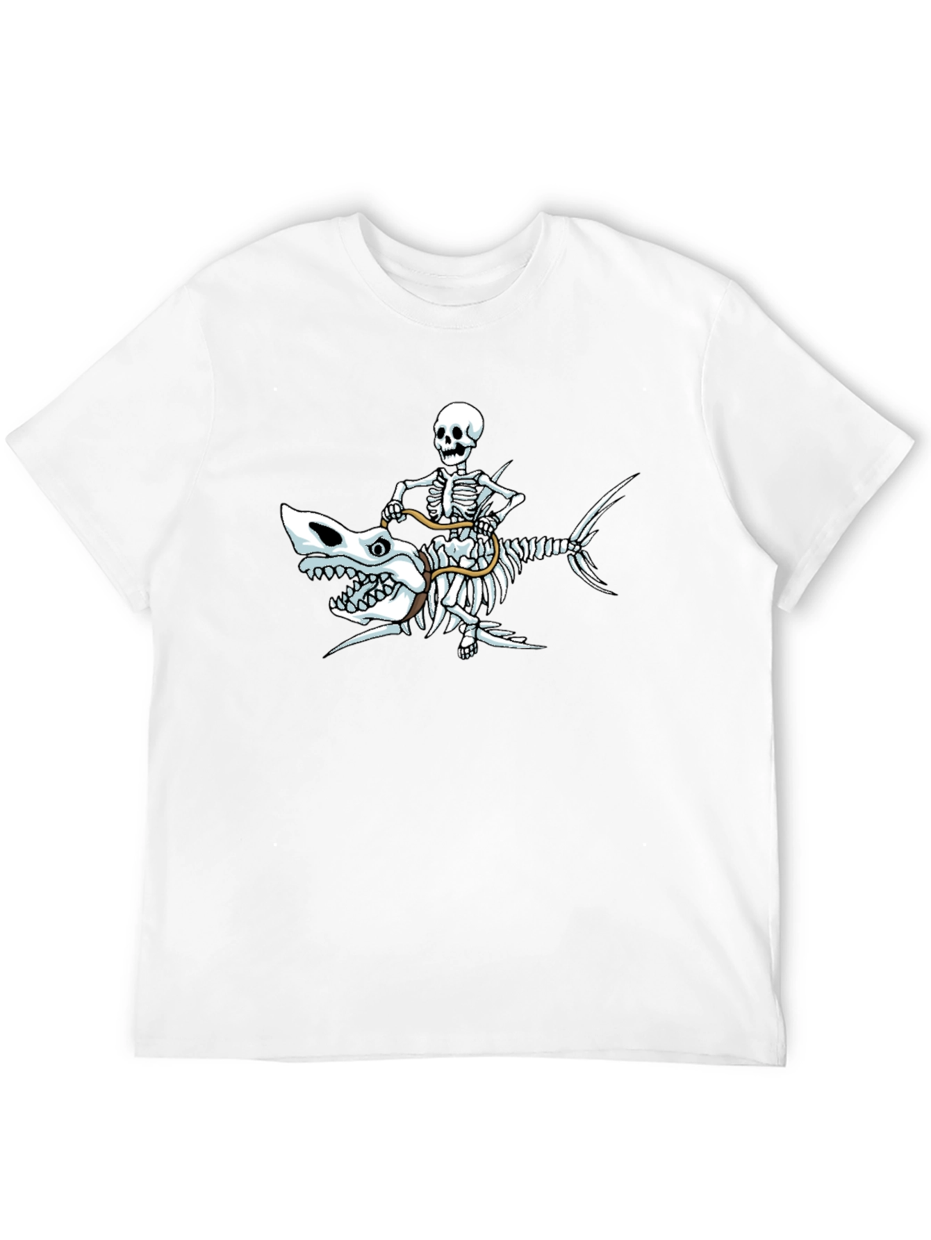 Skeleton Riding Shark Graphic Tee - Black Cotton
