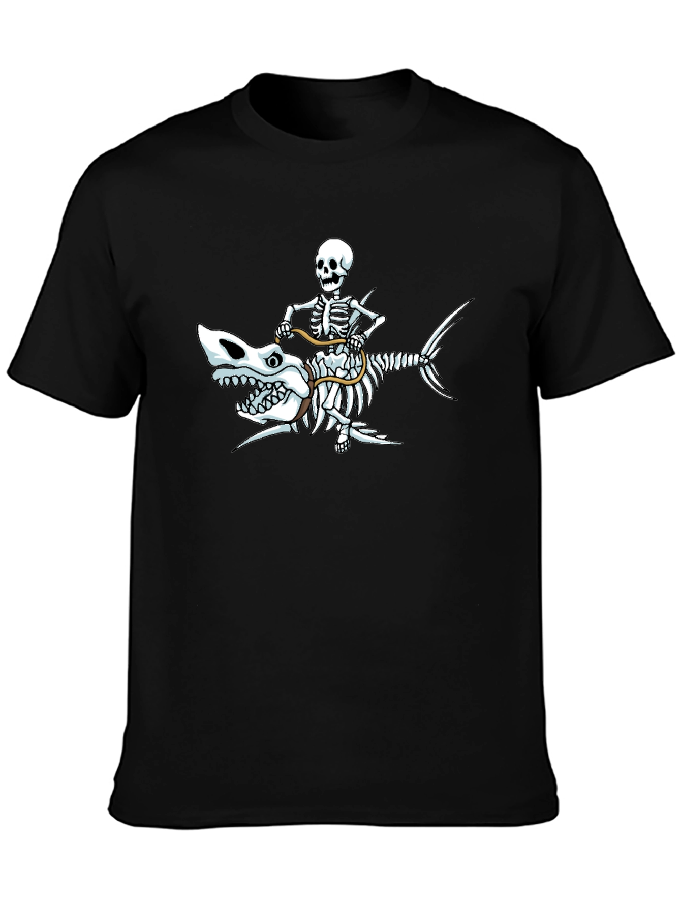 Skeleton Riding Shark Graphic Tee - Black Cotton