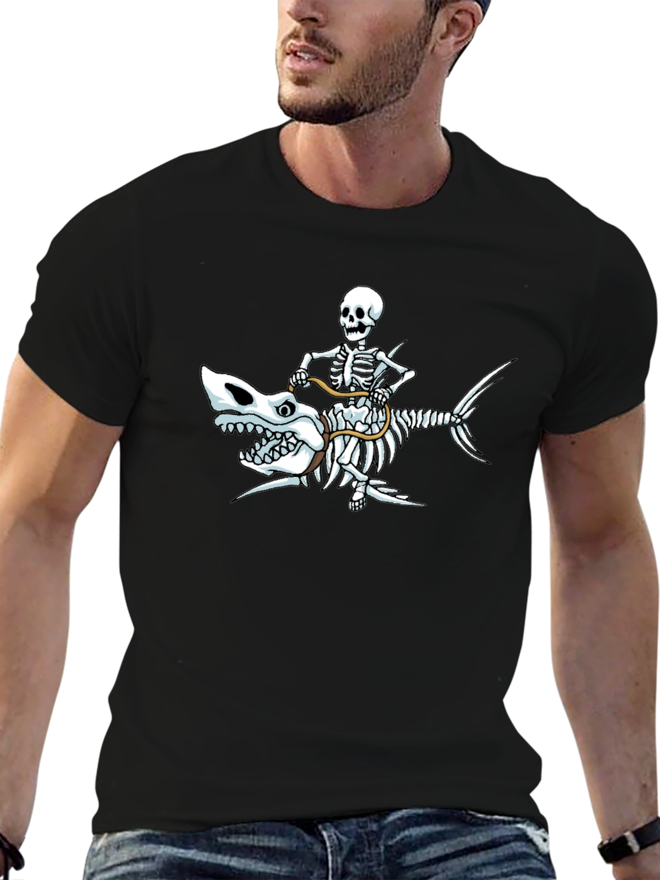 Skeleton Riding Shark Graphic Tee - Black Cotton