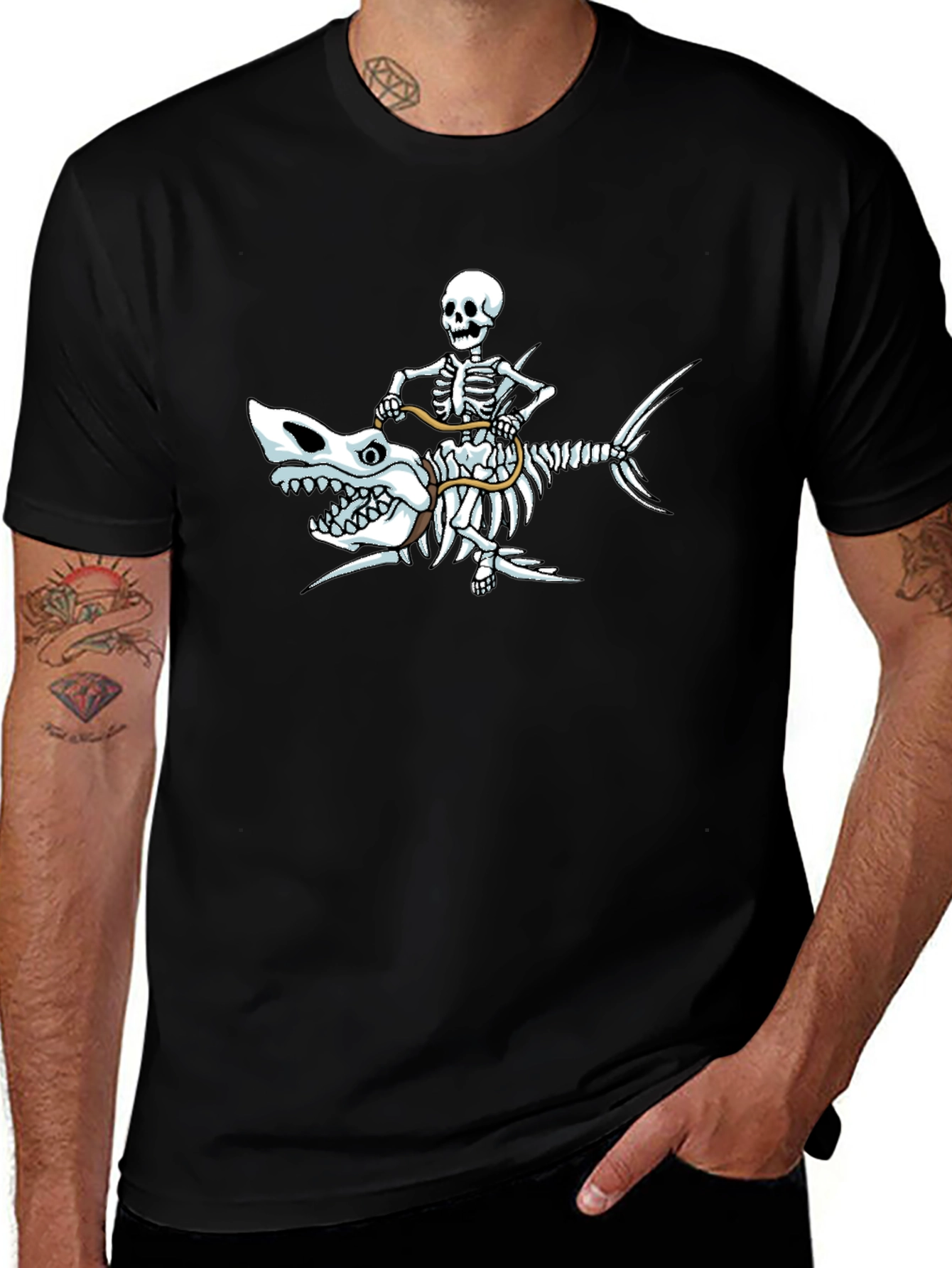 Skeleton Riding Shark Graphic Tee - Black Cotton