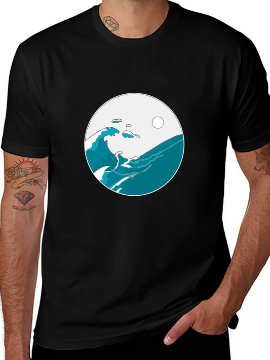 Ocean Wave Graphic Tee - Black Cotton Blend T-Shirt