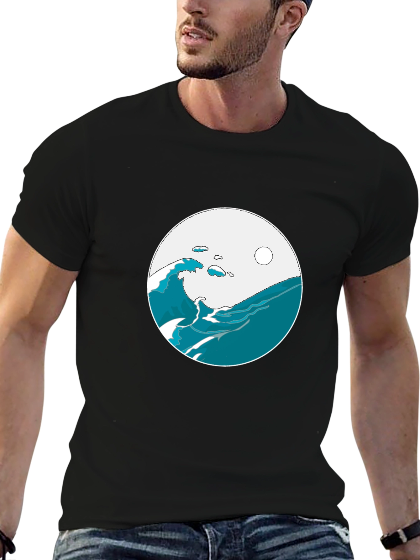 Ocean Wave Graphic Tee - Black Cotton Blend T-Shirt