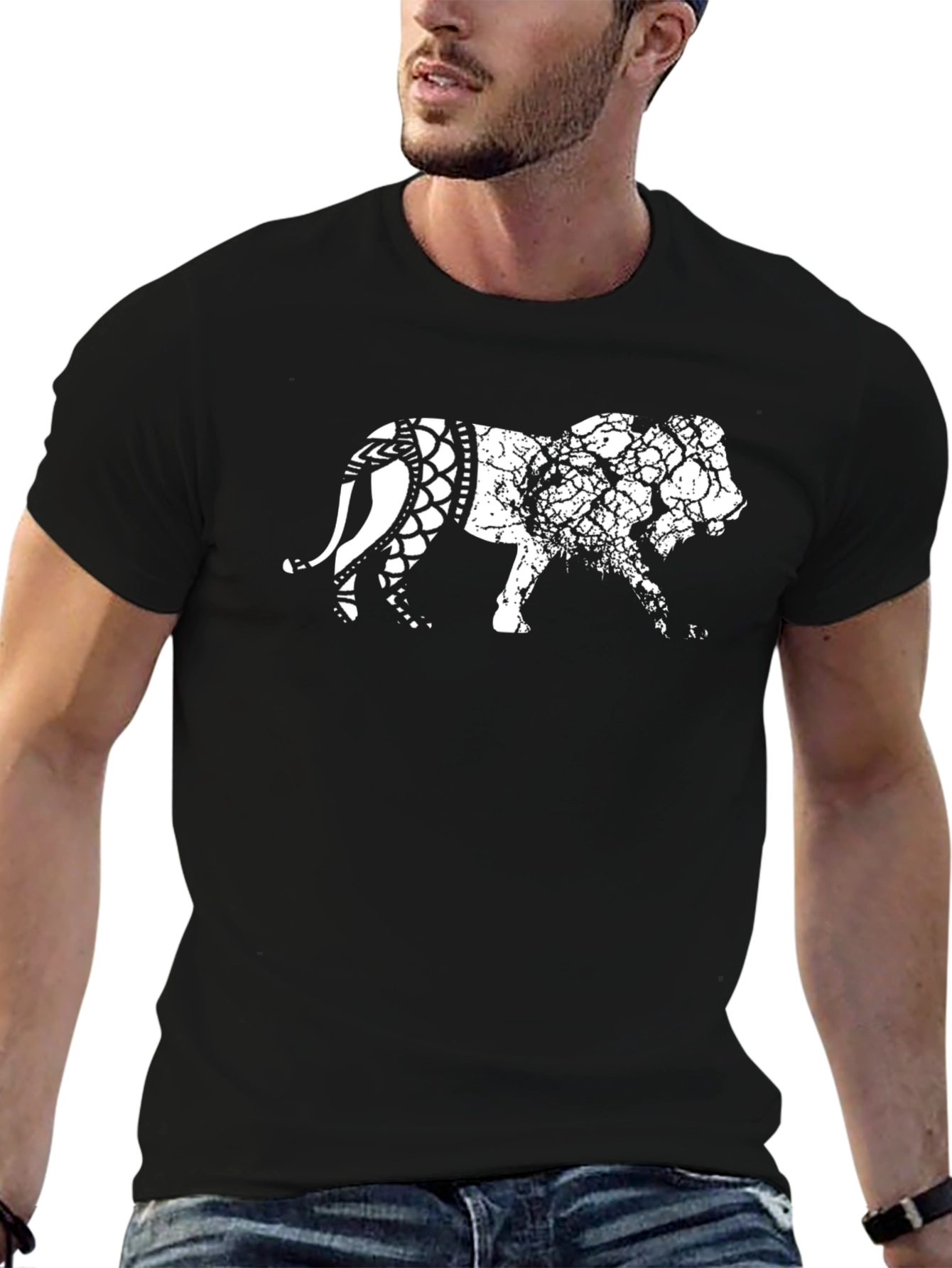 Mens Black T-Shirt with Graphic Elephant Print