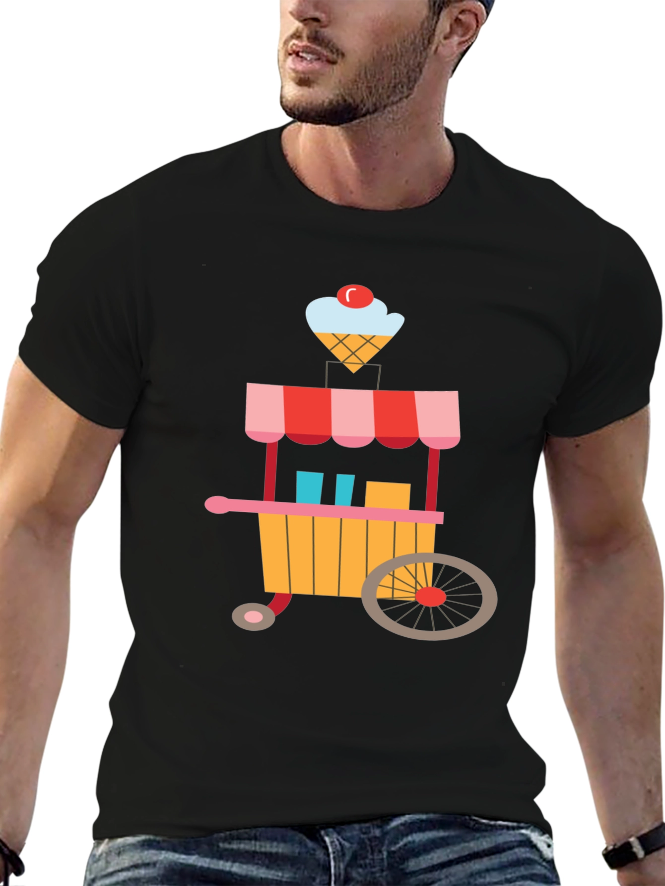 Ice Cream Cart Graphic Tee - Black Cotton T-Shirt