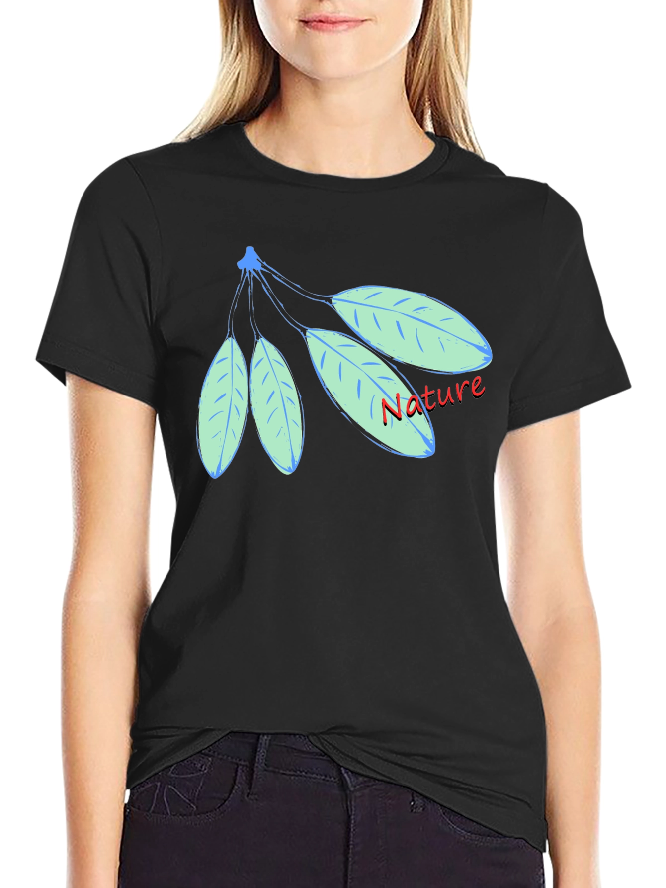 Nature Leaf Design Black Cotton T-Shirt