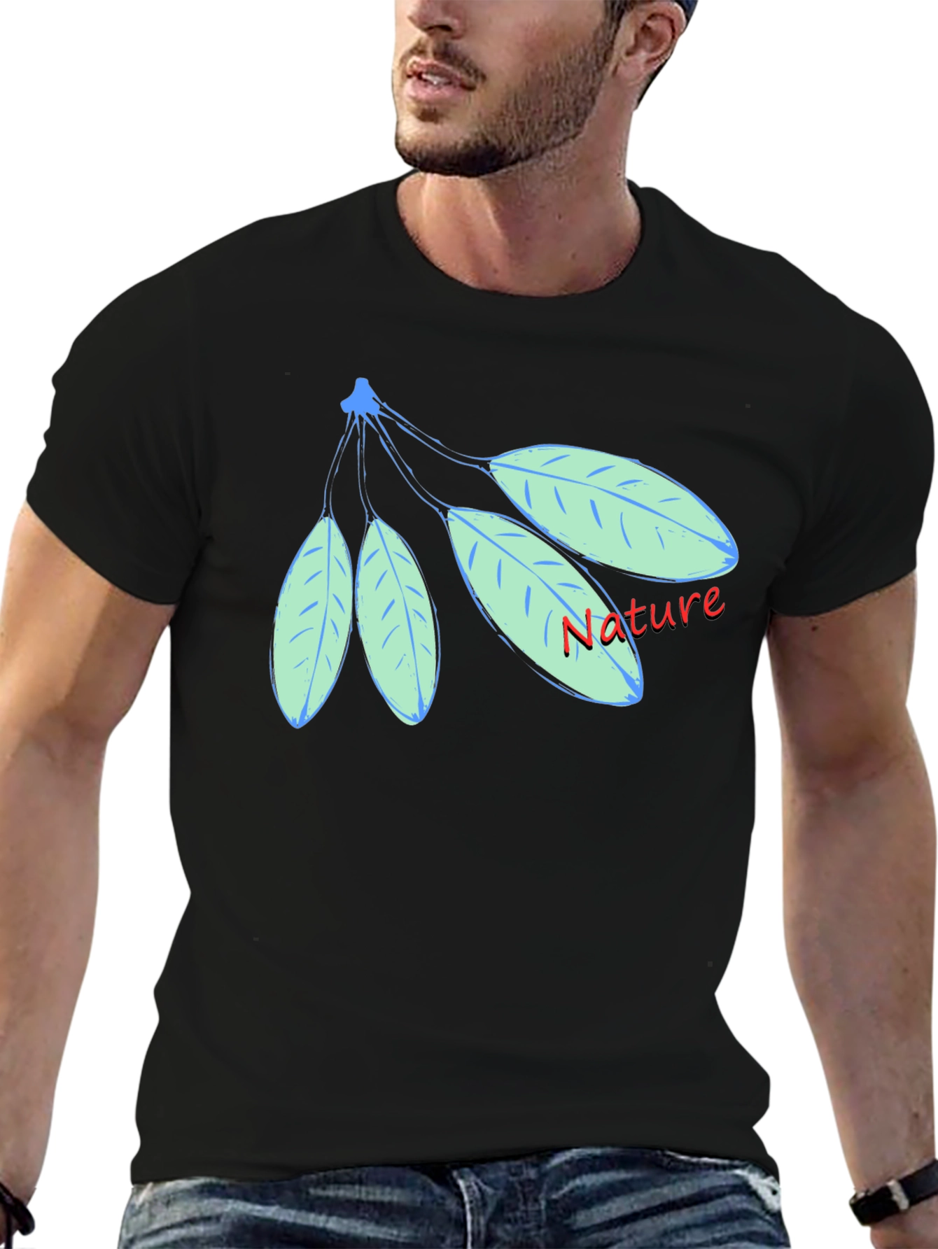 Nature Leaf Design Black Cotton T-Shirt