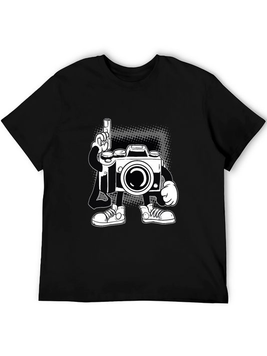Cartoon Camera Graphic Tee - Black Cotton