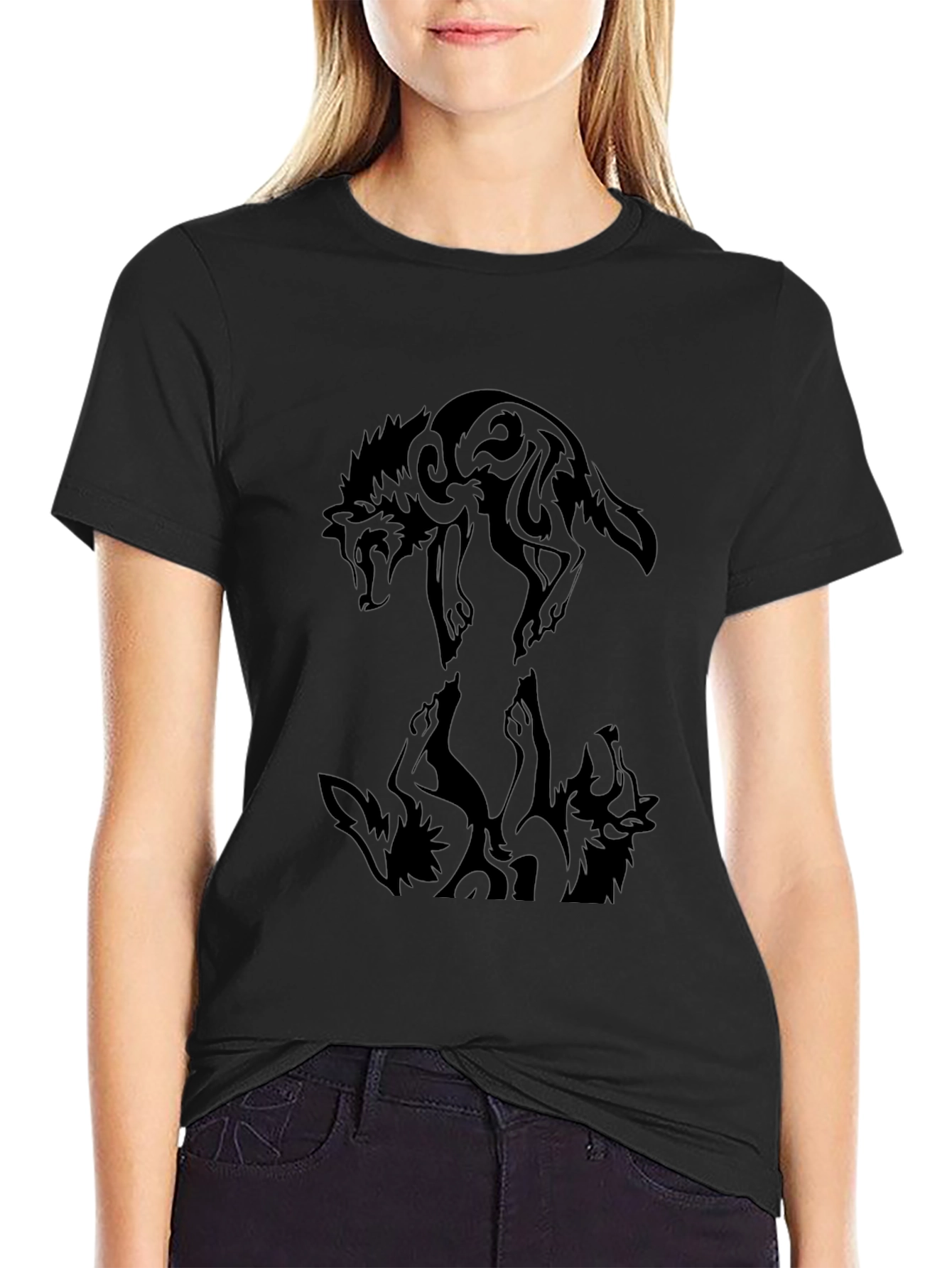 Tribal Wolf Graphic Black Tee
