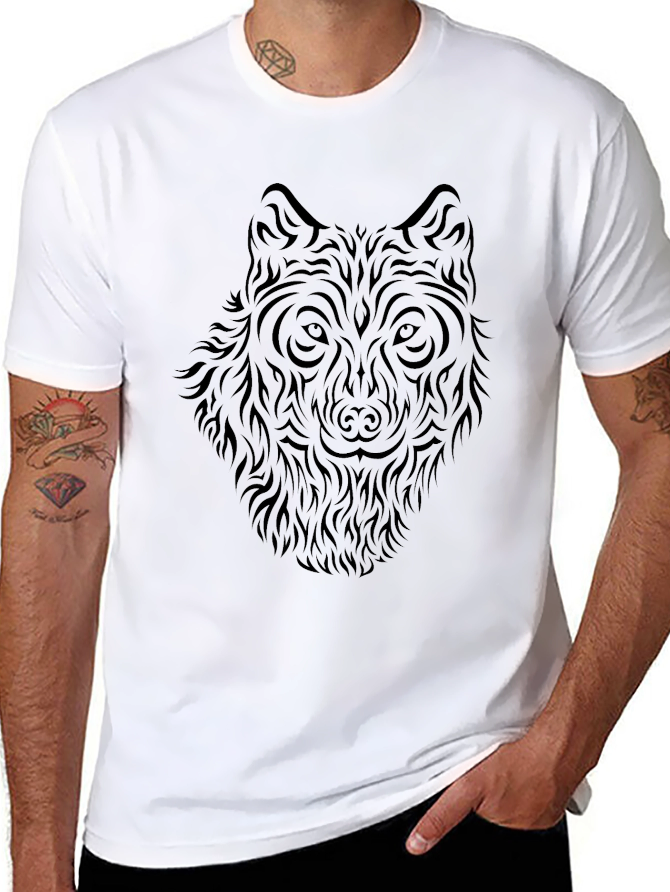 Wolf Tribal Graphic Print Black T-Shirt