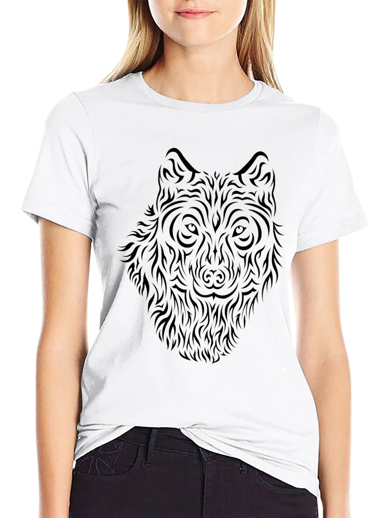 Wolf Tribal Graphic Print Black T-Shirt