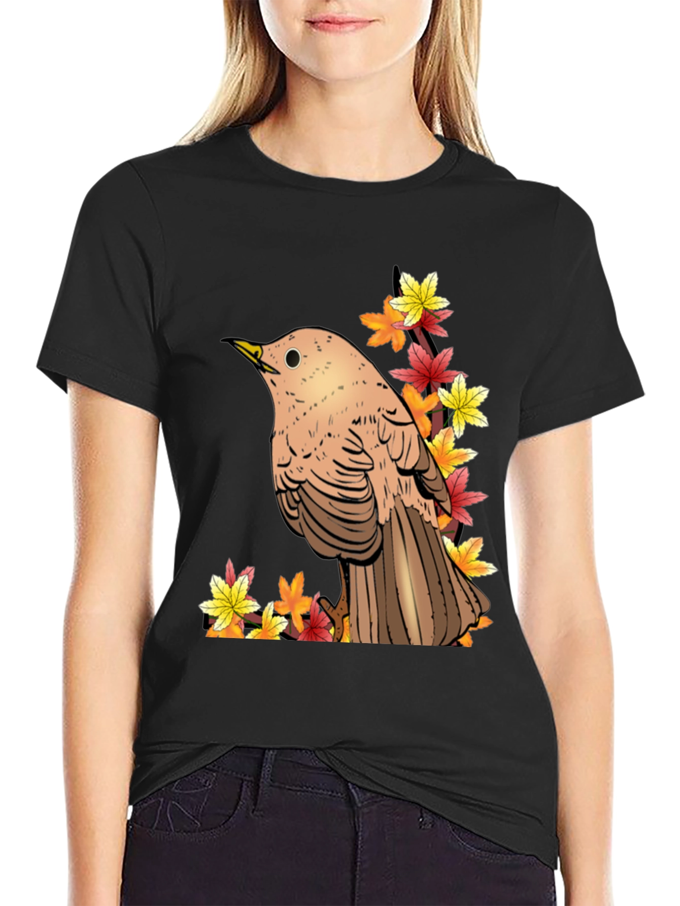 Autumn Bird Graphic Tee - Black Cotton T-Shirt