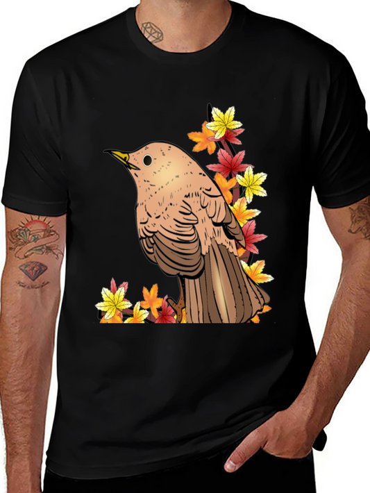 Autumn Bird Graphic Tee - Black Cotton T-Shirt
