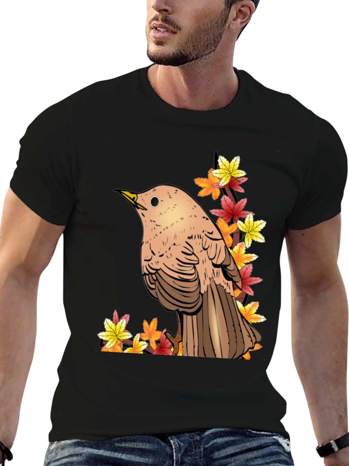 Autumn Bird Graphic Tee - Black Cotton T-Shirt