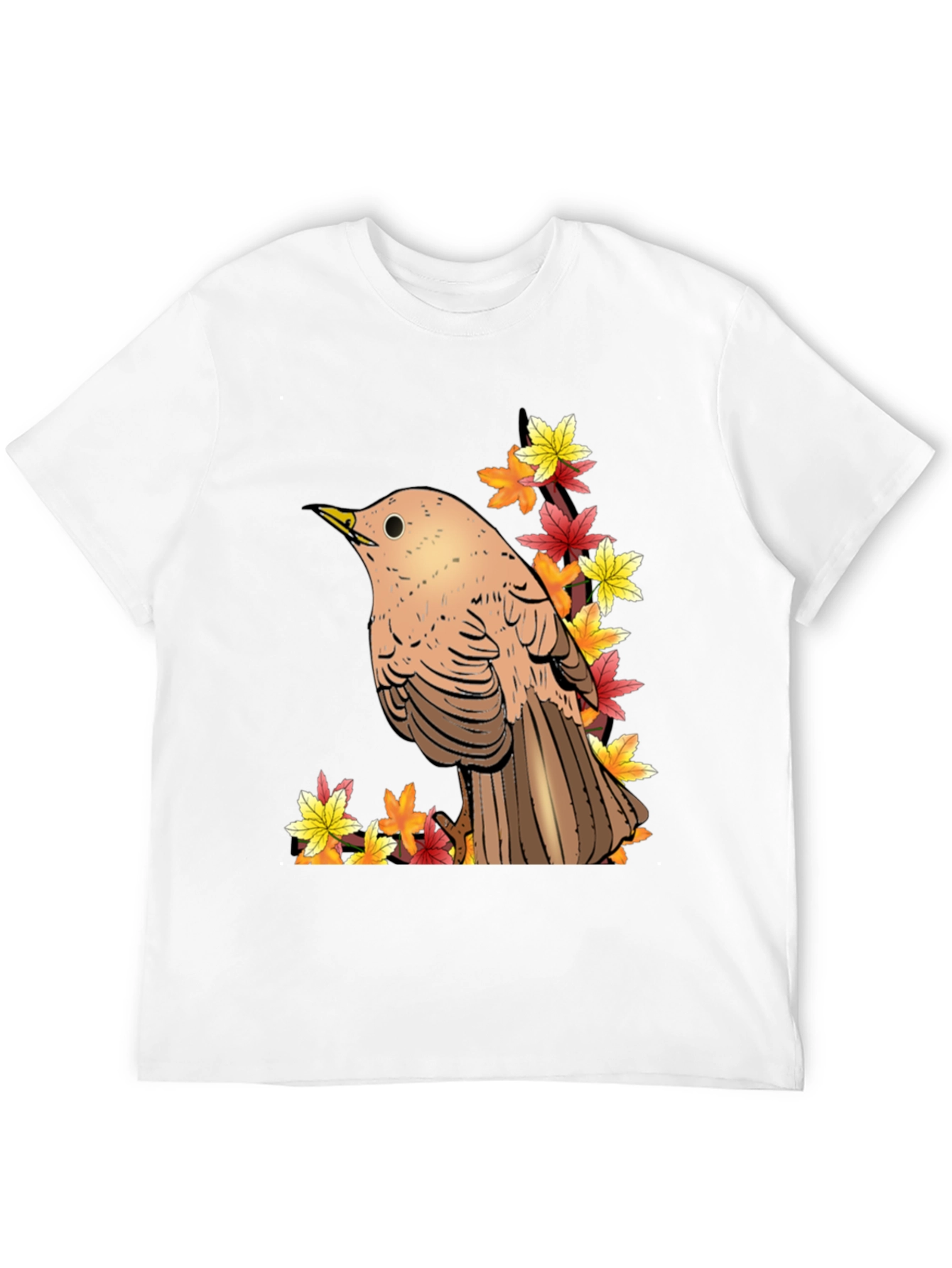 Autumn Bird Graphic Tee - Black Cotton T-Shirt