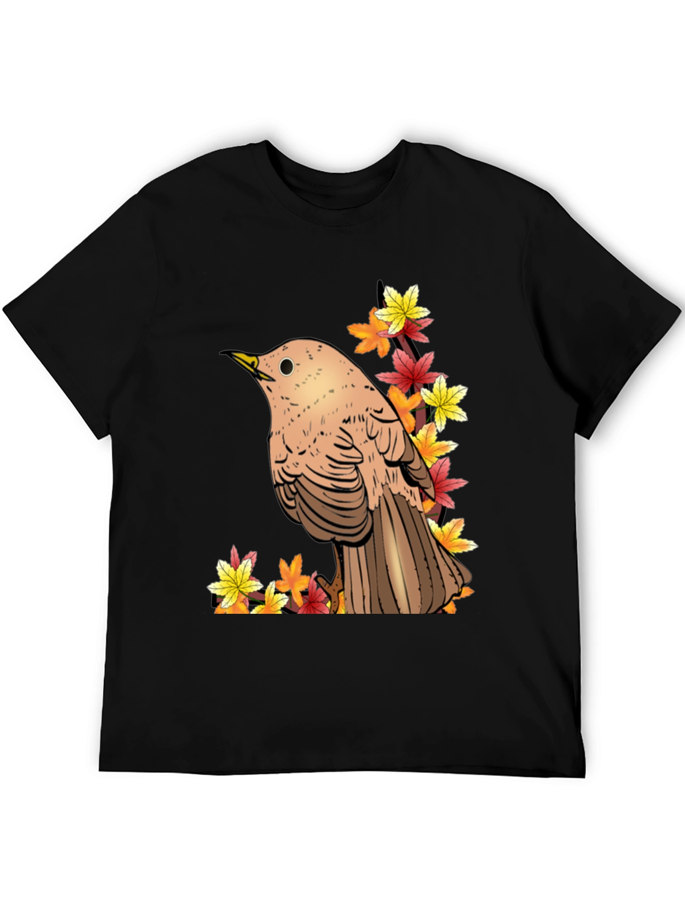 Autumn Bird Graphic Tee - Black Cotton T-Shirt