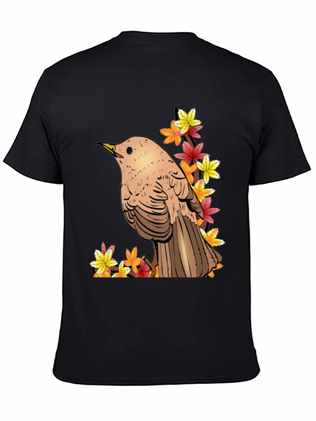 Autumn Bird Graphic Tee - Black Cotton T-Shirt