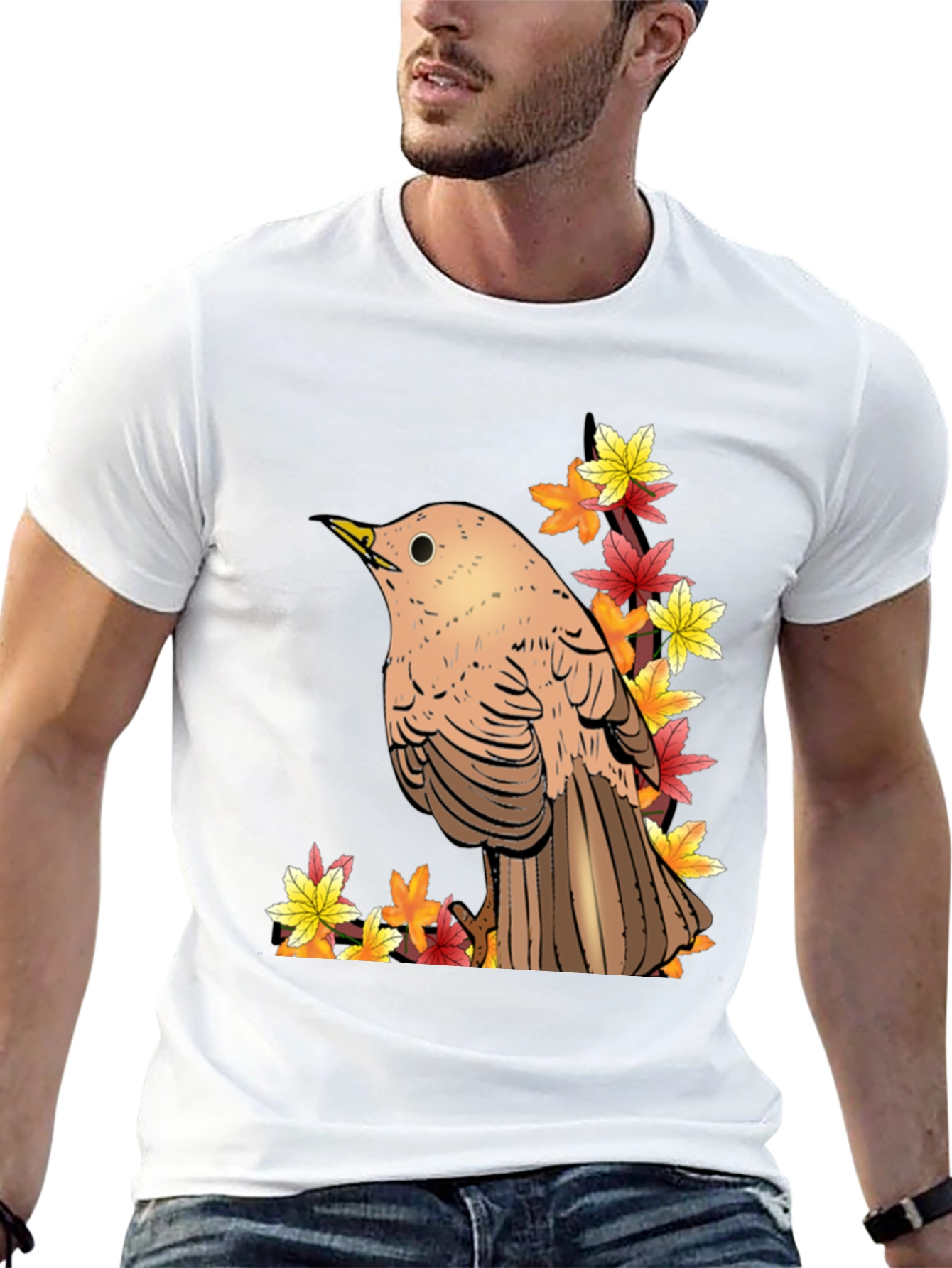 Autumn Bird Graphic Tee - Black Cotton T-Shirt