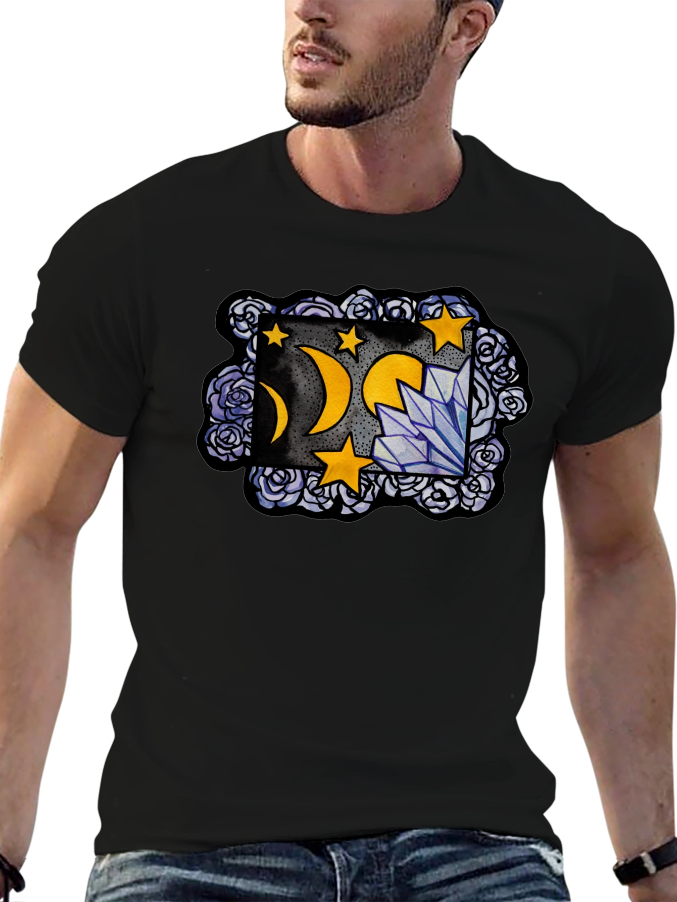 Mystic Moon & Crystal Graphic T-Shirt - Black
