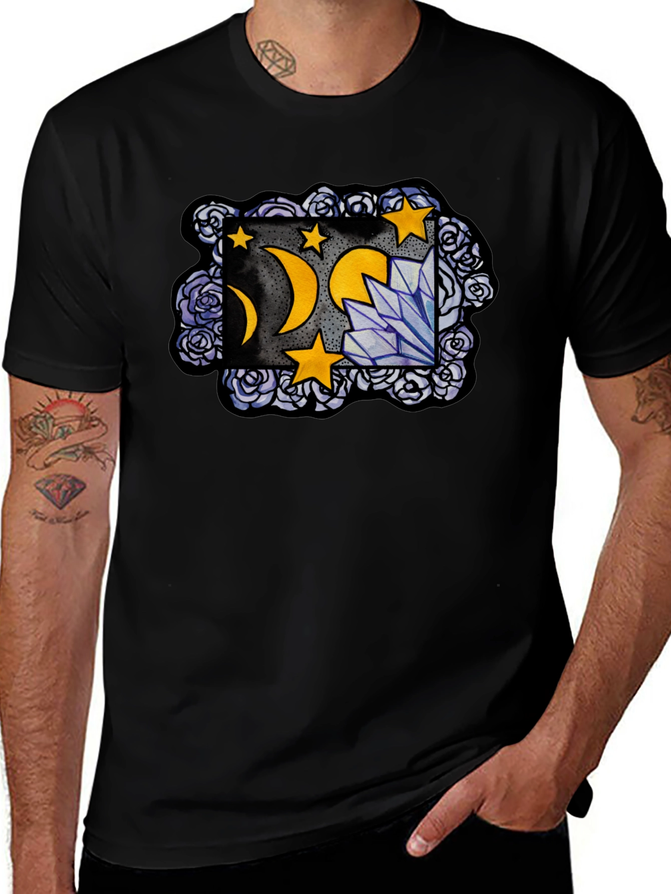 Mystic Moon & Crystal Graphic T-Shirt - Black