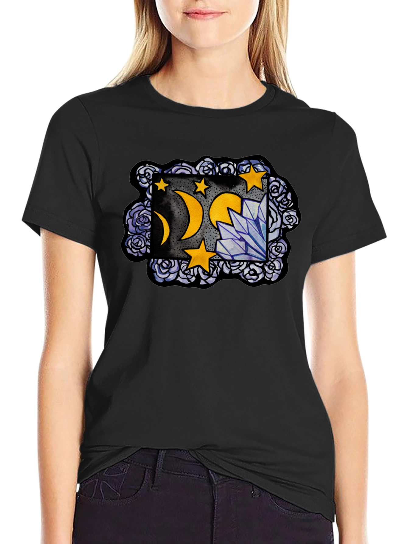 Mystic Moon & Crystal Graphic T-Shirt - Black