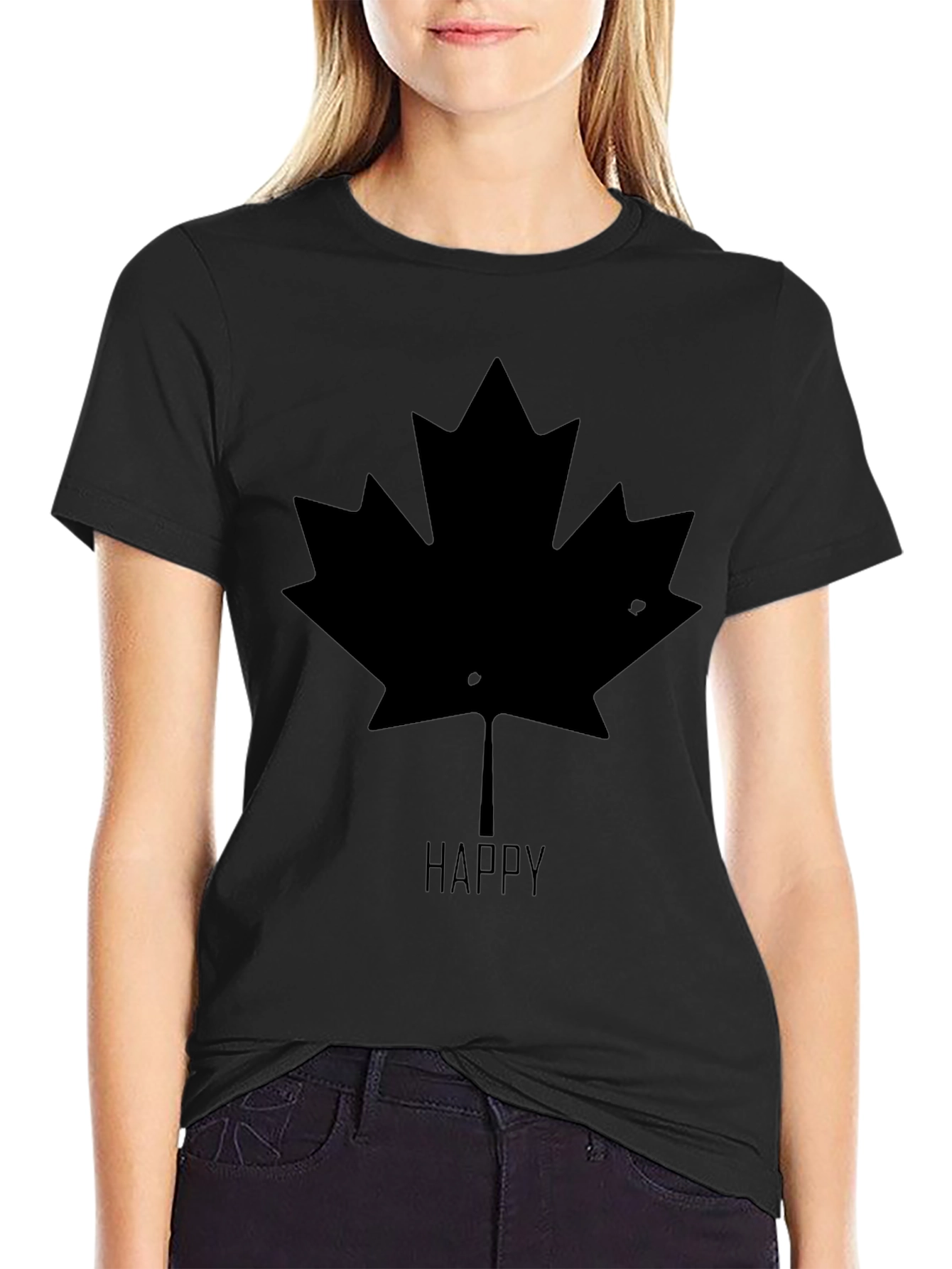 Happy Maple Leaf Graphic T-Shirt - Black