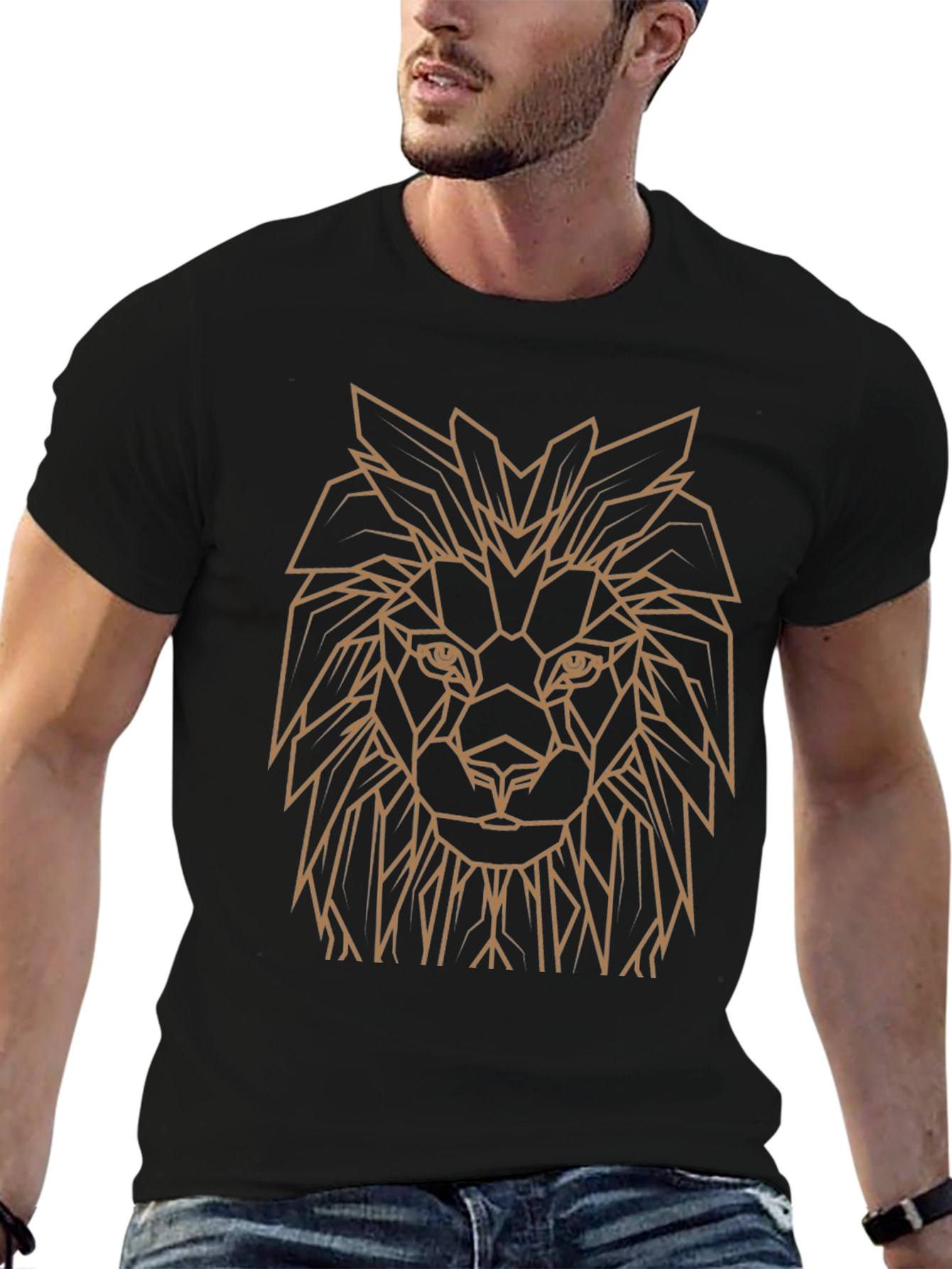 Geometric Lion Head Graphic Tee - Black