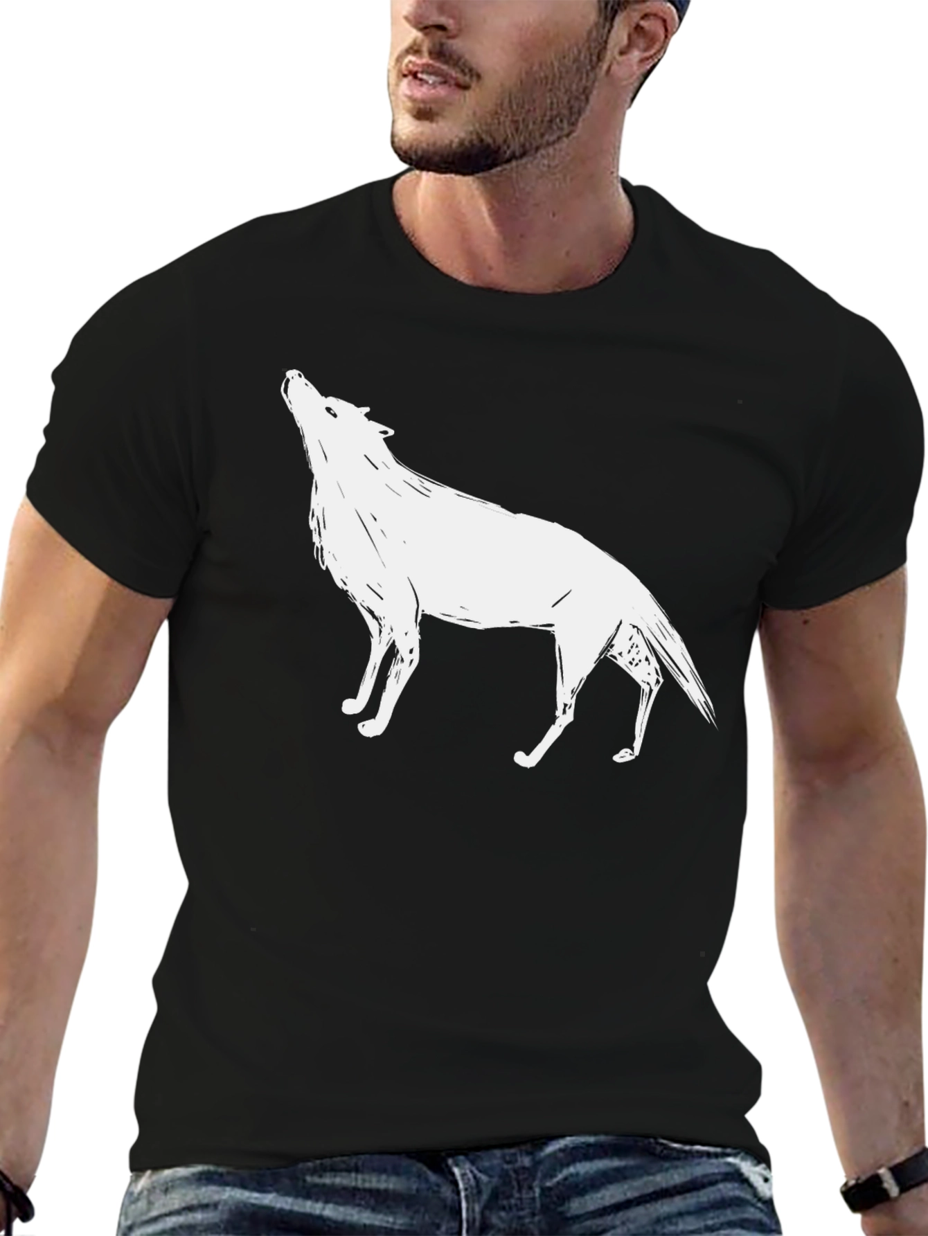 Black T-Shirt with Wolf Graphic