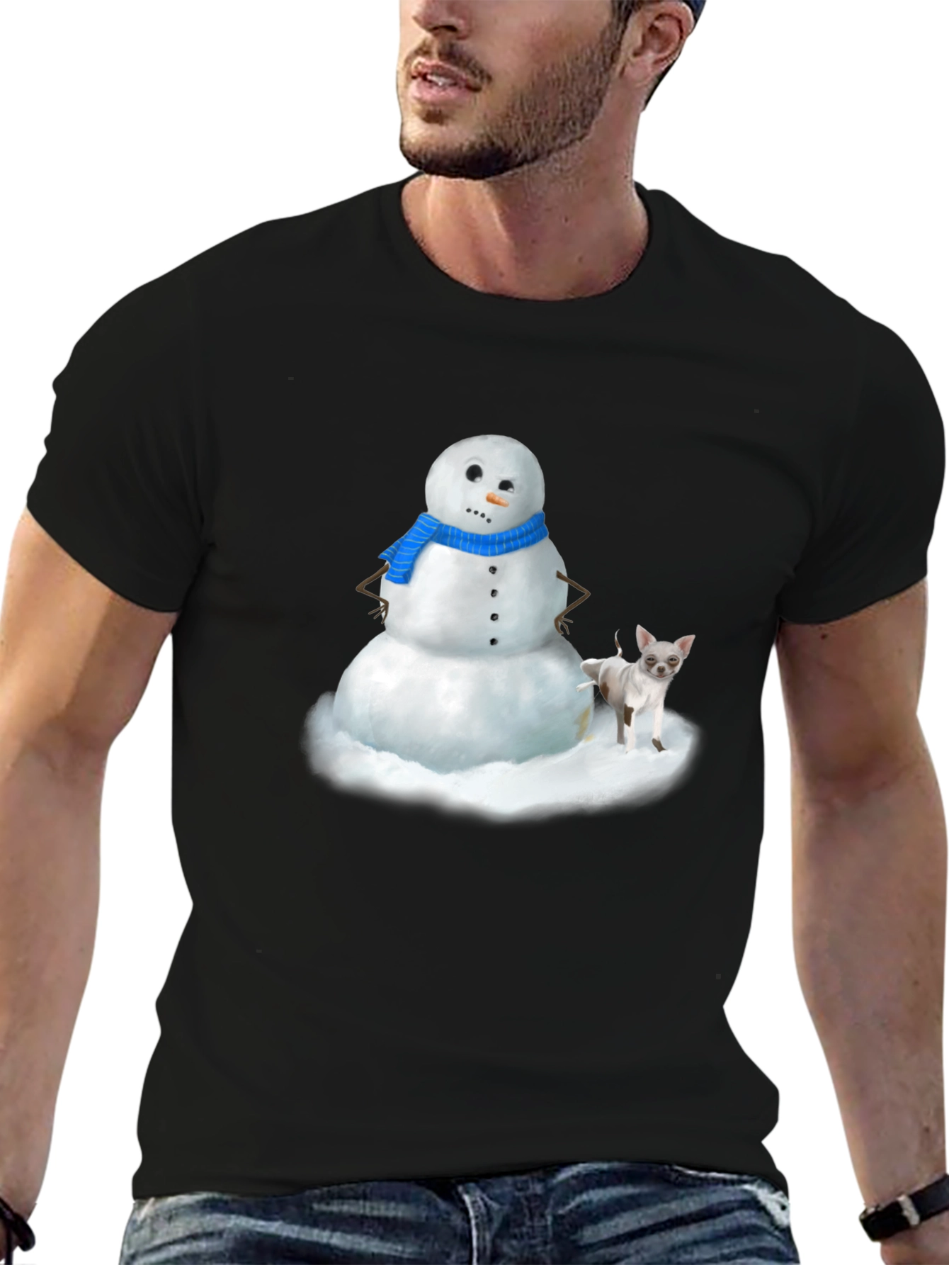 Snowman & Chihuahua Graphic T-Shirt - Black