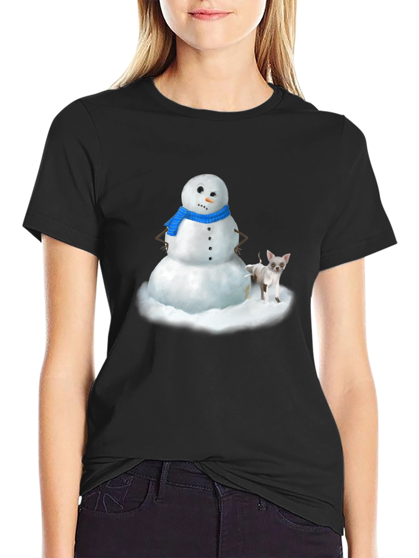 Snowman & Chihuahua Graphic T-Shirt - Black