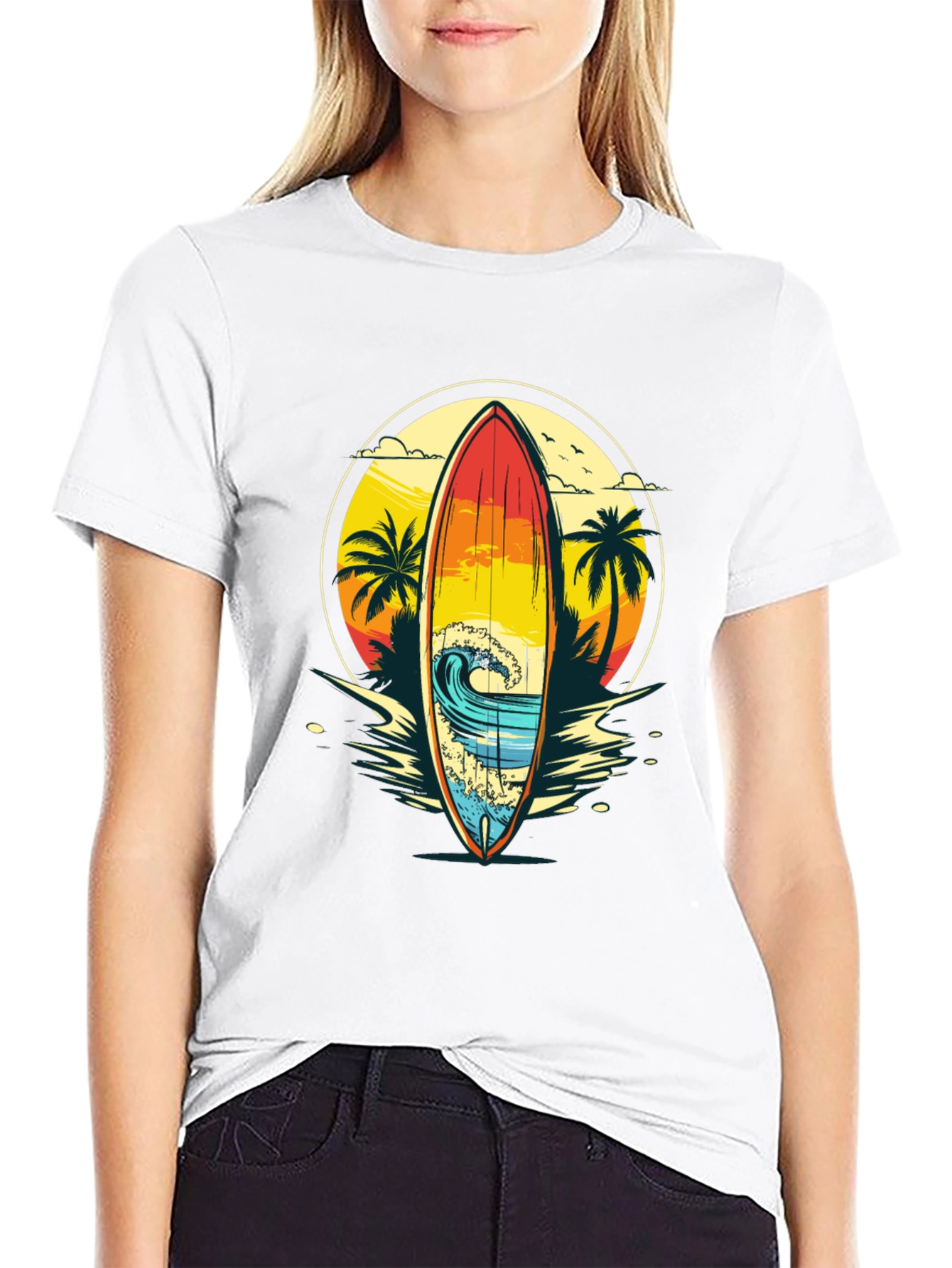 Sunset Surfboard Graphic Tee - Beach Vibes