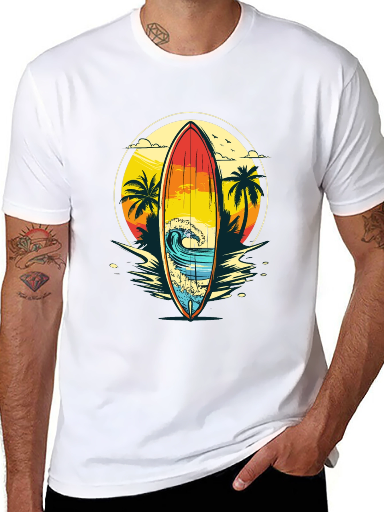 Sunset Surfboard Graphic Tee - Beach Vibes