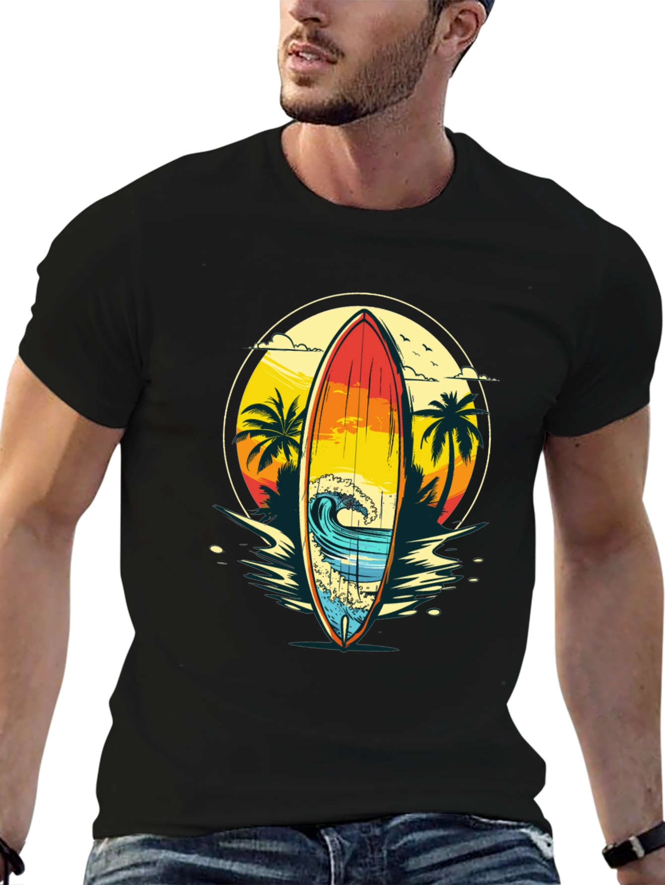 Sunset Surfboard Graphic Tee - Beach Vibes