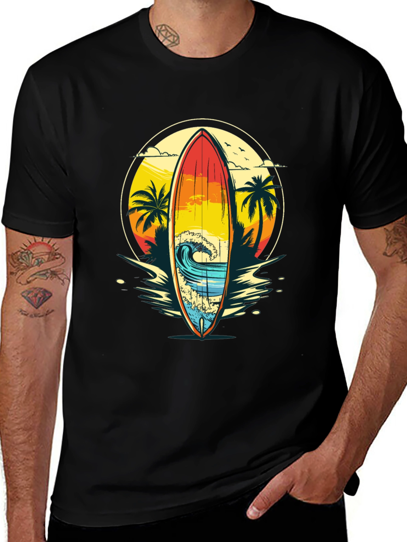 Sunset Surfboard Graphic Tee - Beach Vibes