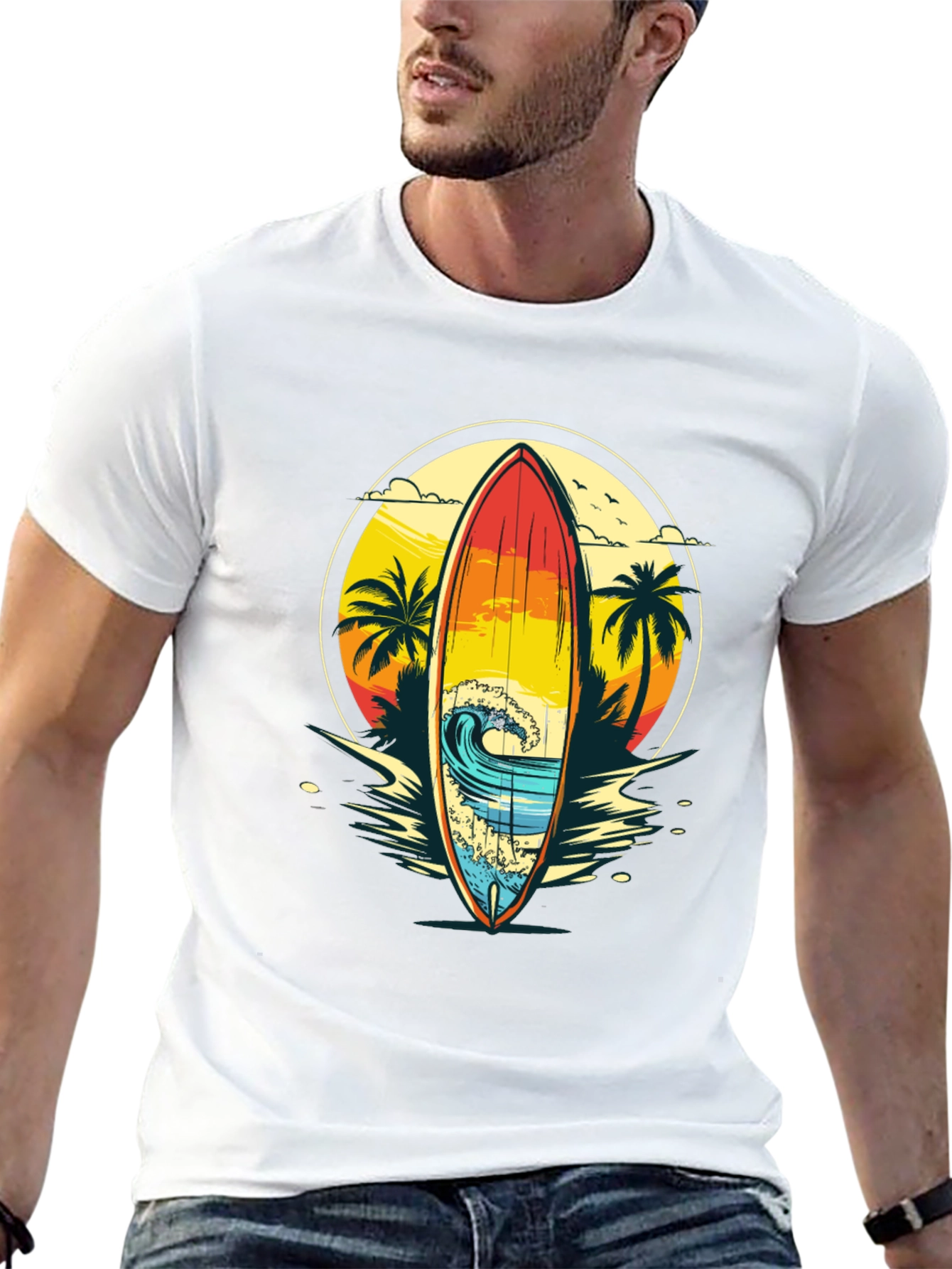 Sunset Surfboard Graphic Tee - Beach Vibes