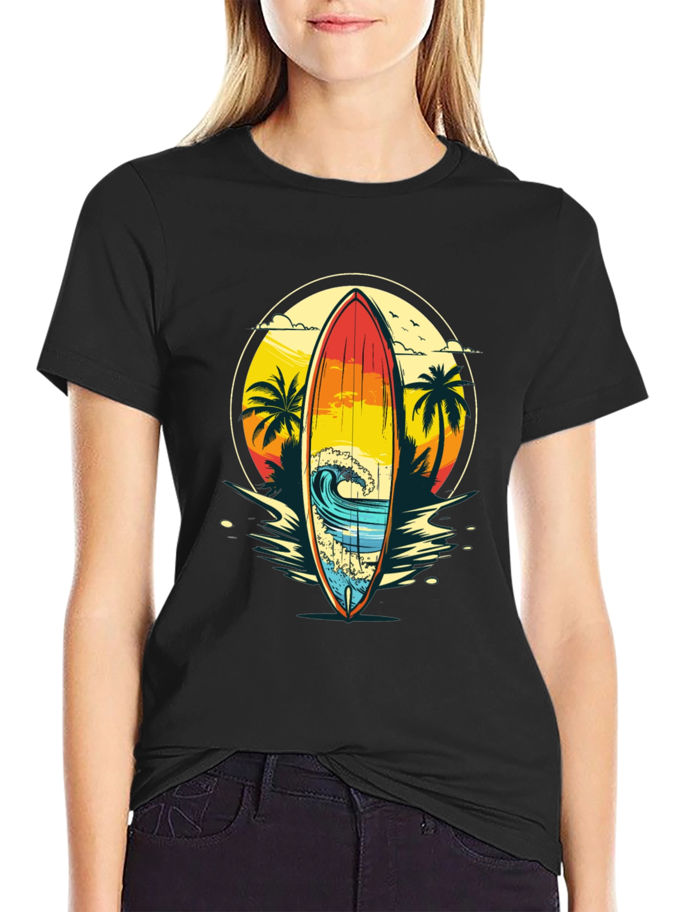 Sunset Surfboard Graphic Tee - Beach Vibes