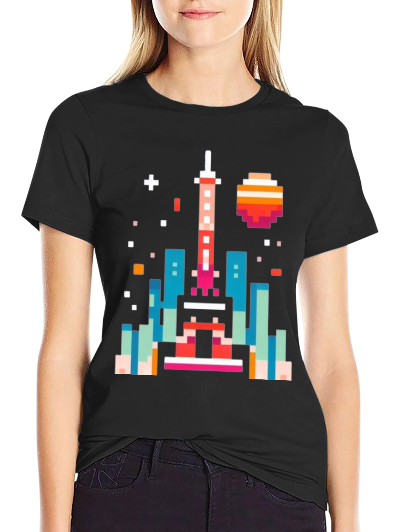Pixel Art Cityscape Black Tee